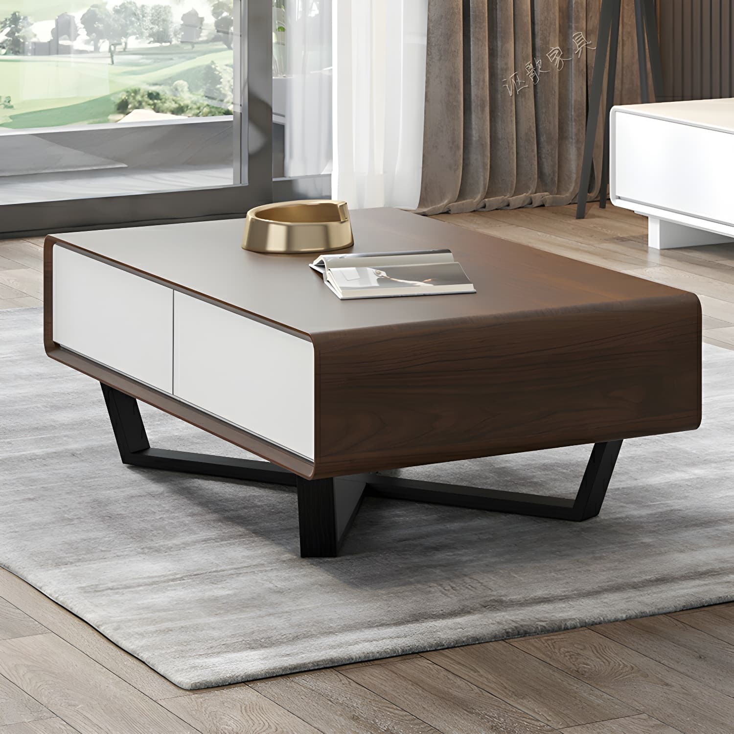 Rectangular Wood Modern Coffee Table with Black Metal Cross Legs and Storage Drawers - image 9