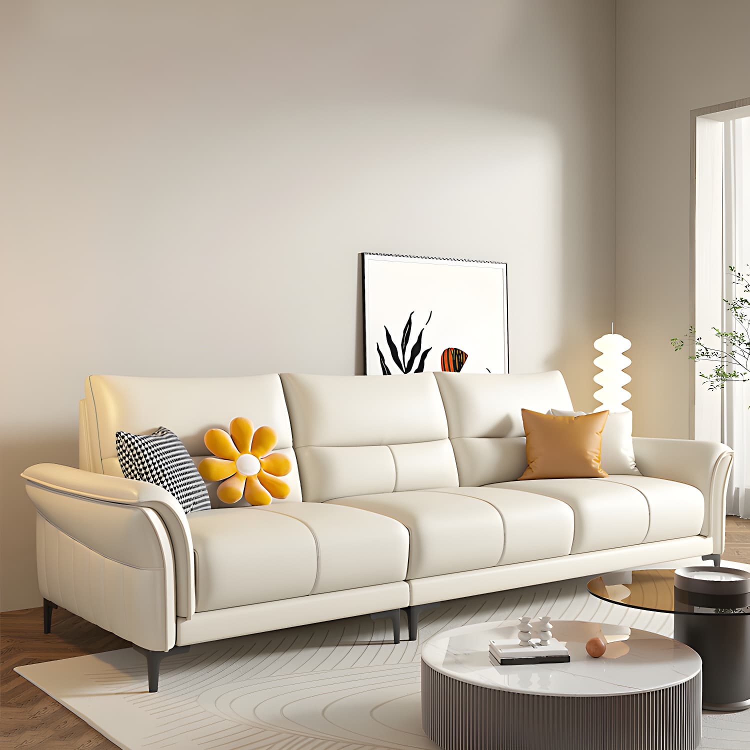 Contrast Flared Arm White Faux Leather Sectional Sofa with Cushion Back