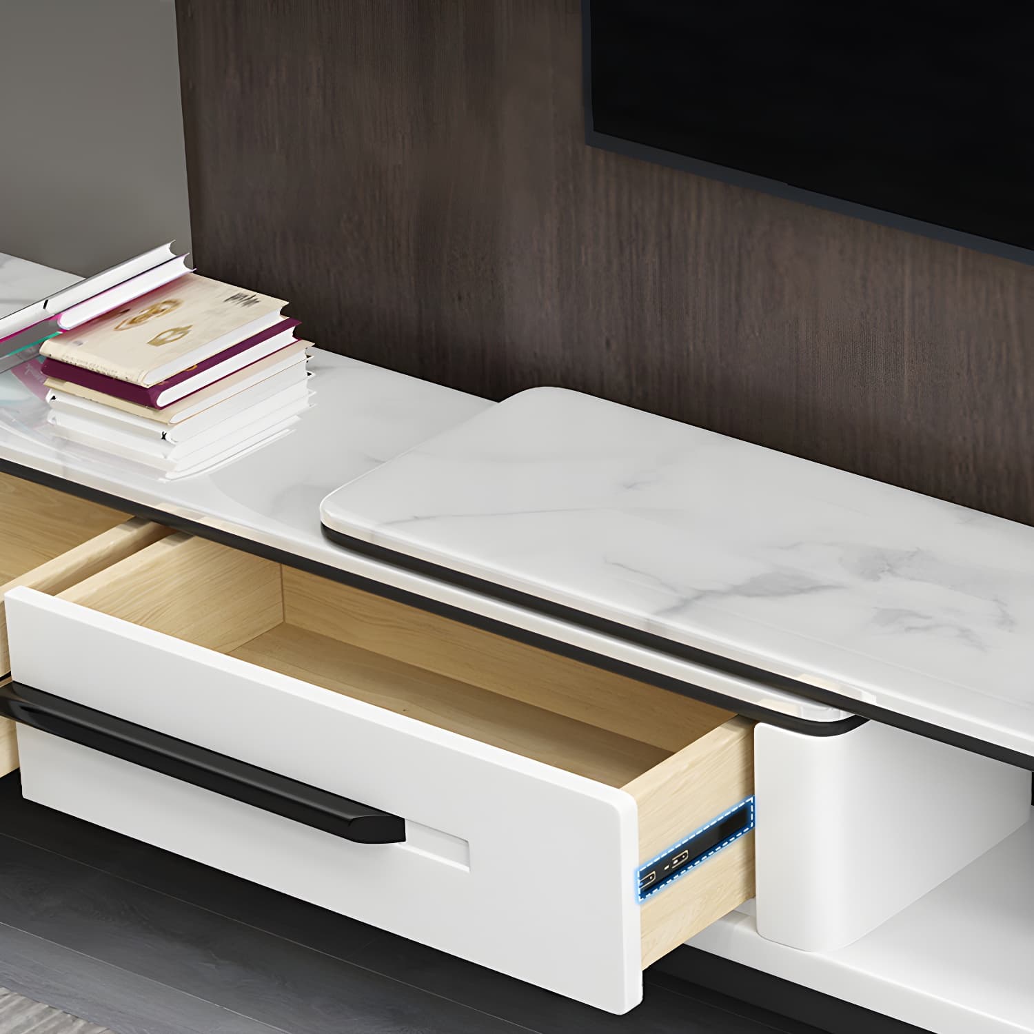 2 Drawers TV Console Modern Stone Media Console with Splayed Wooden Legs - image 9