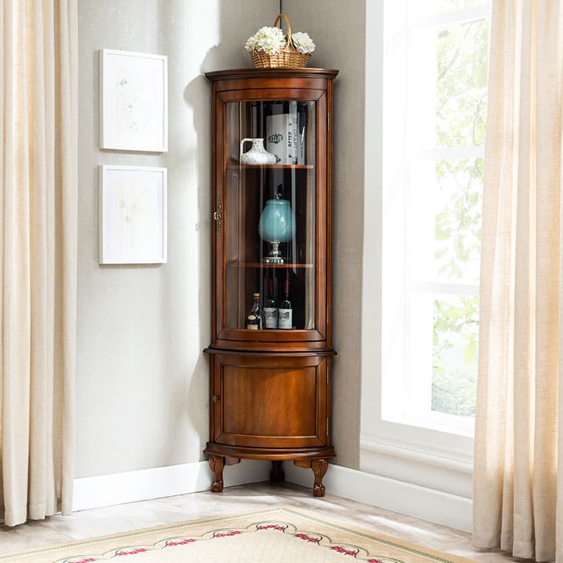Traditional Medium Brown Corner Accent Cabinet with Wood Countertop and Exterior Shelving - image 10