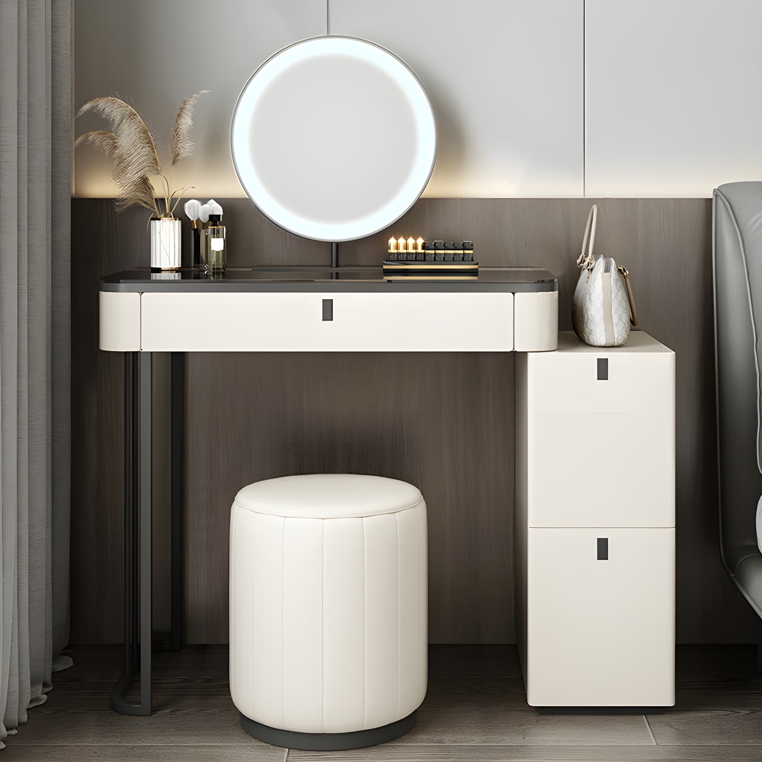 Modern Minimalist White Vanity Table Set 29.53" H Glass Top Vanity Table with Storage - image 3