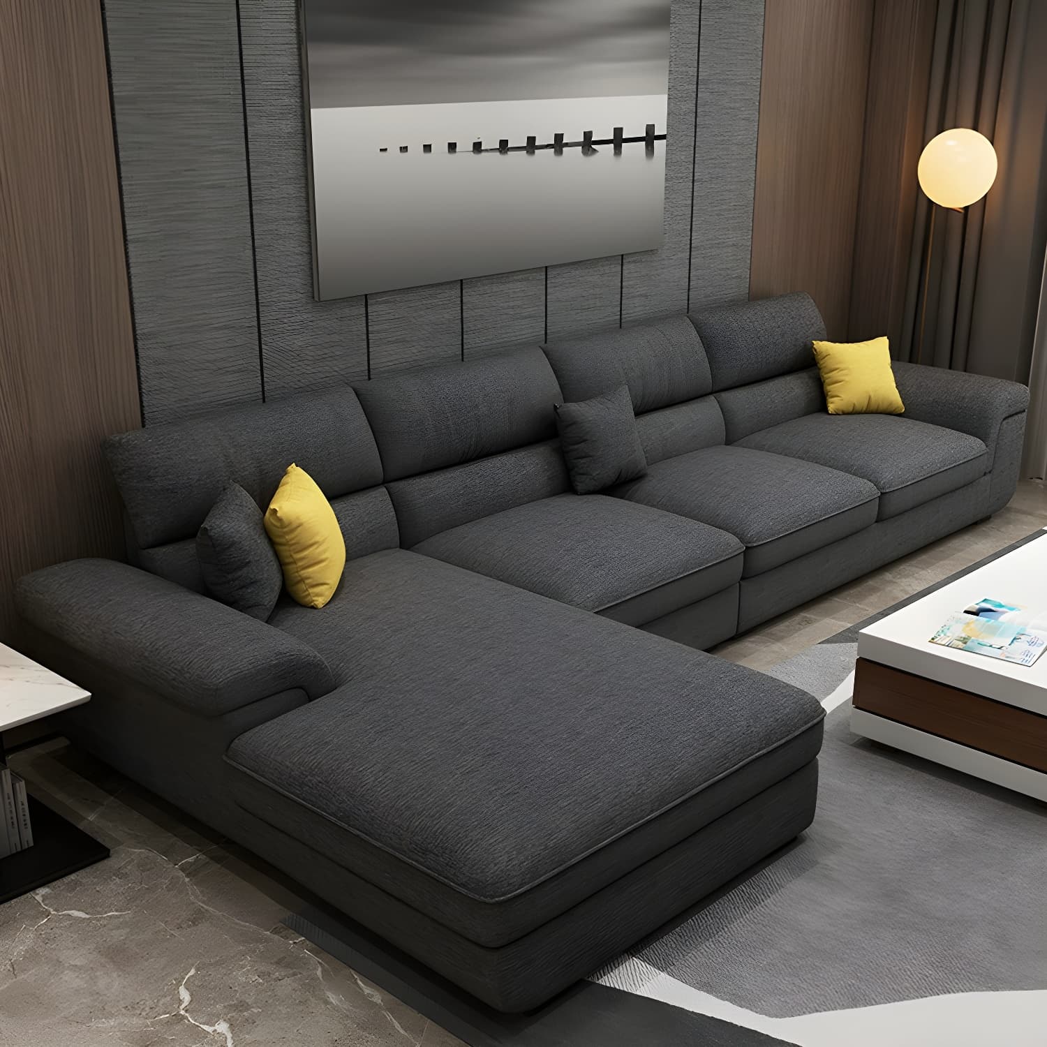 Modern L-Shape Pillow Top Arm Wooden Frame Sectional Sofa Chaise with Large 10 Feet Size