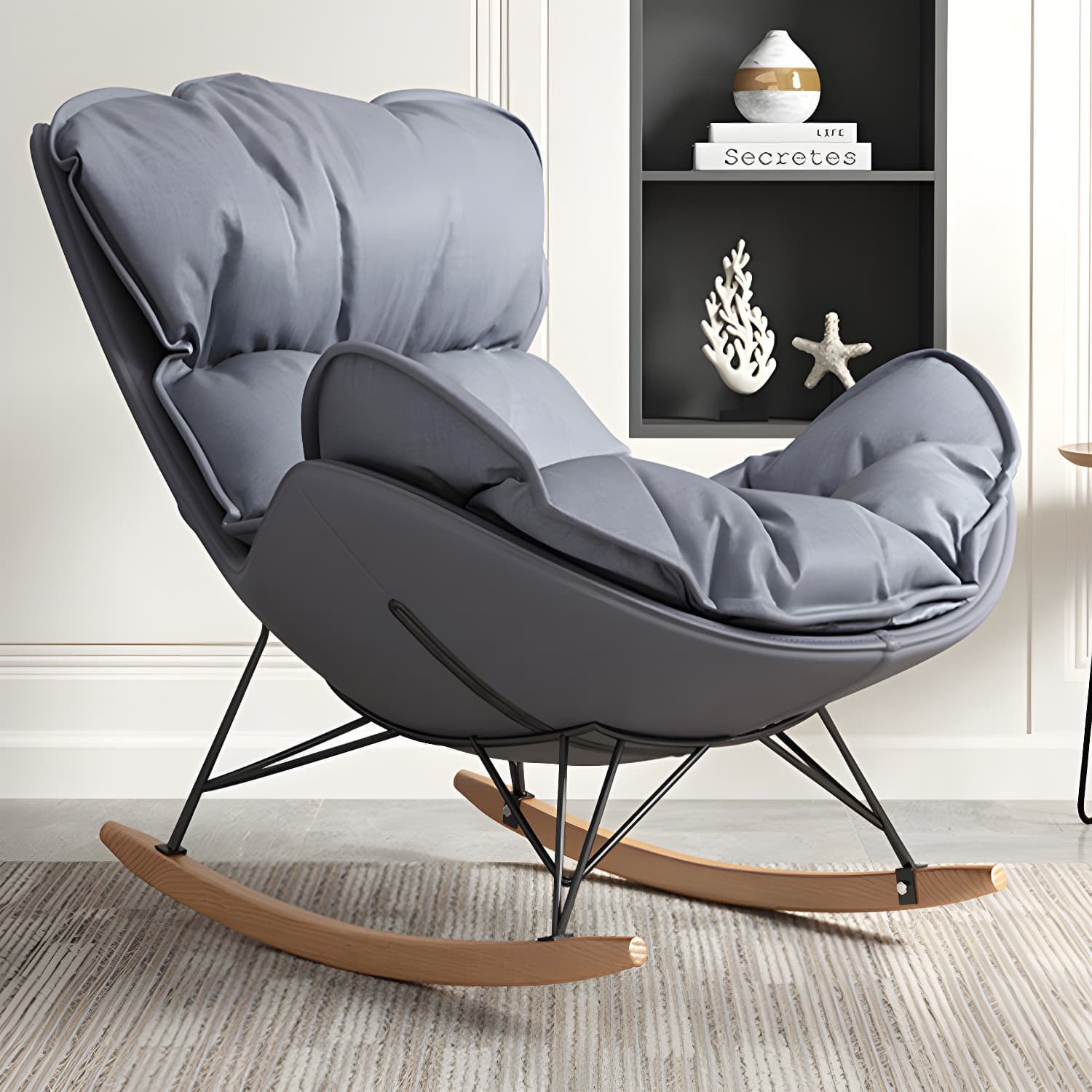 Stylish Upholstered Indoor Rocking Chair with Natural Wood Legs - Modern Design