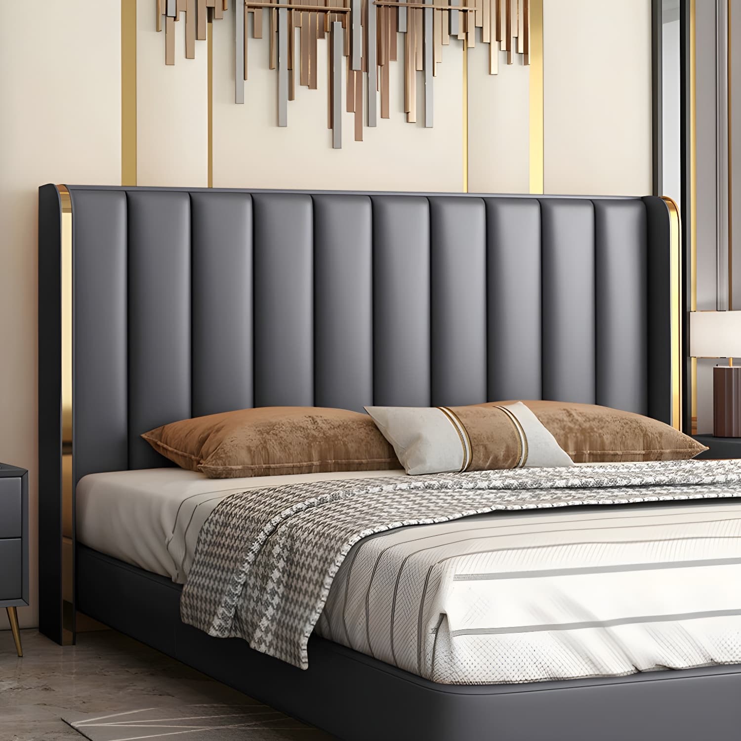 Modern Upholstered Leather Wingback Headboard with Wood Legs and Rectangular Shape