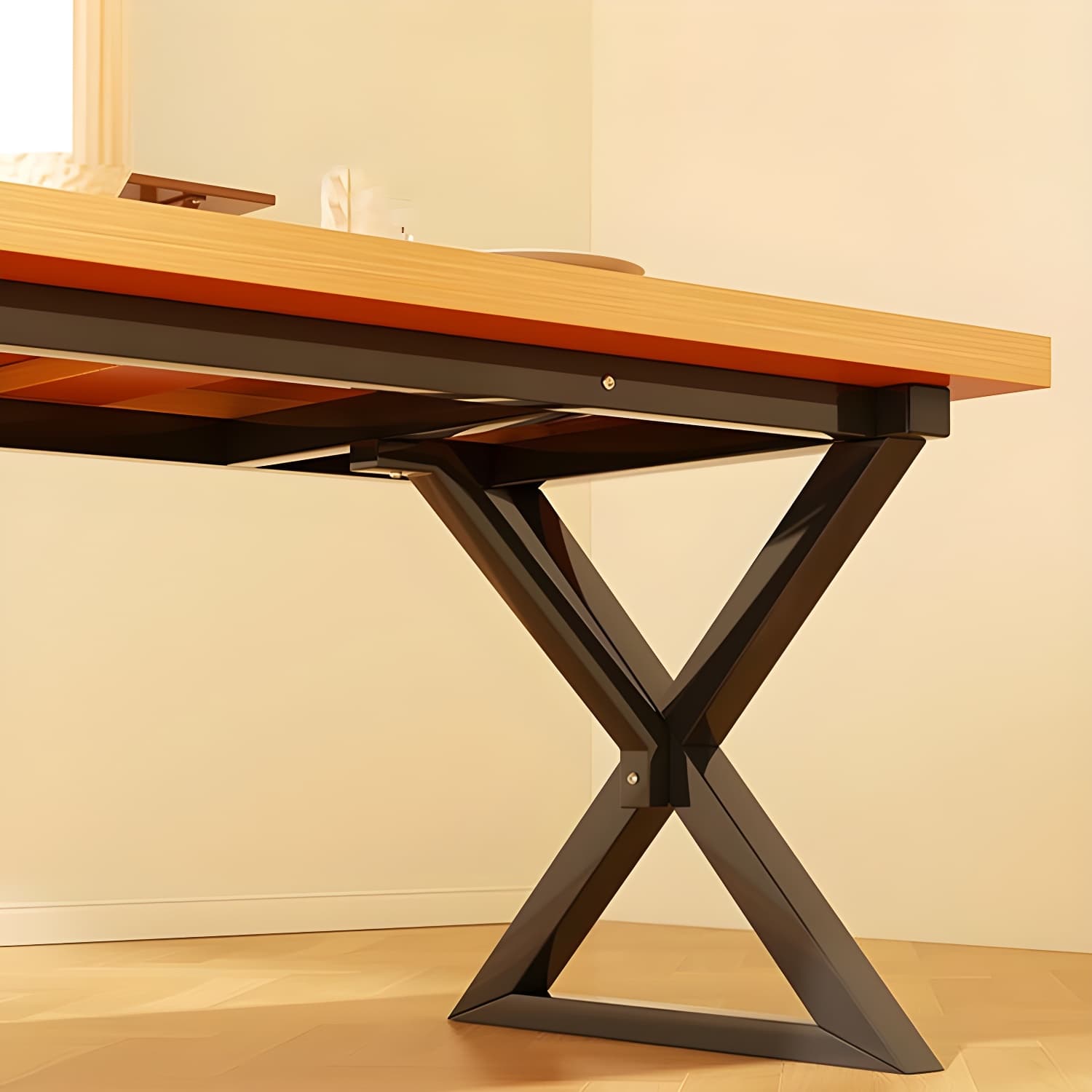Brown Wood Rectangle Modern Dining Table with Double Black Metal Pedestal Base - image 10