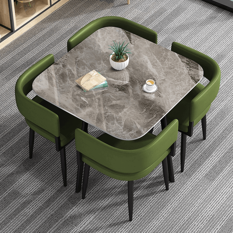 Circular Dining Table Set with a Slate Tabletop in White/Gray/Coal, Back and Cushion Chair for Dining Table for 4 in a Simple Style