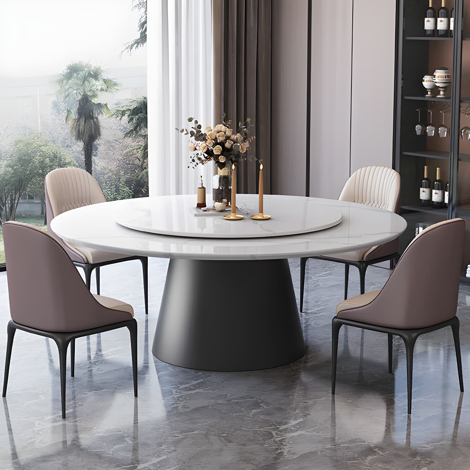 Modern Round Dining Table White and Black Metal Base Convertible Dining Table - image 12