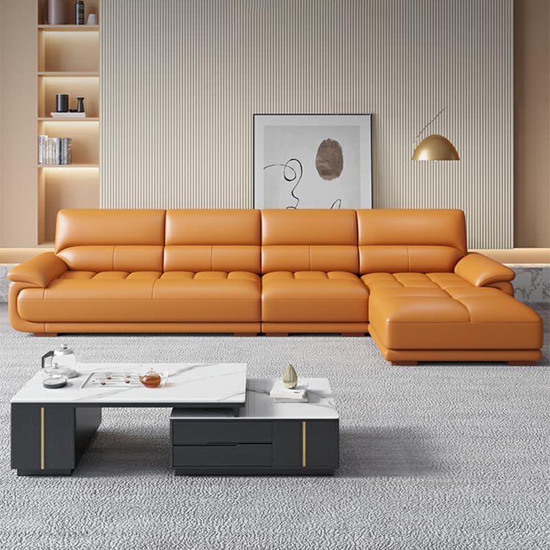 Modern Orange Genuine Leather Sectional Sofa with Wood Frame and Pillow Top Arms