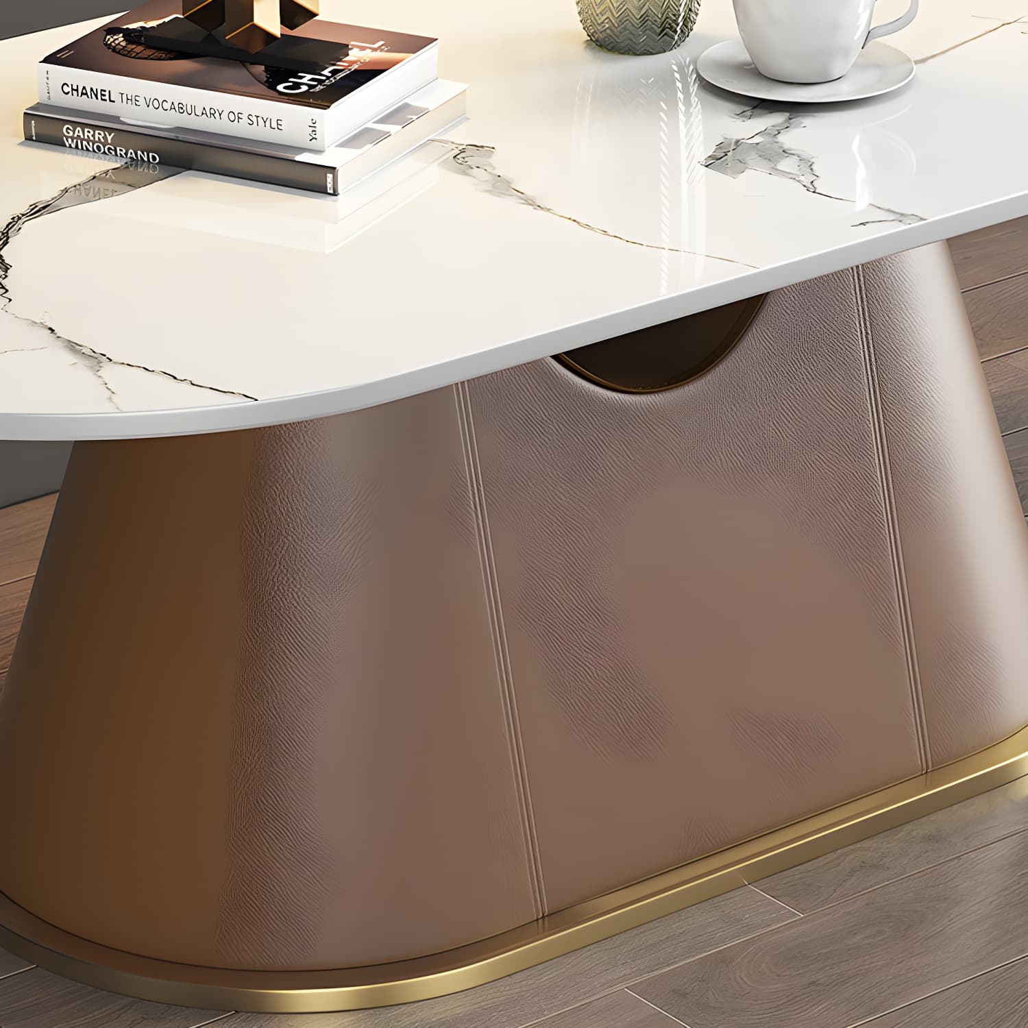 Glam Oval Stone Coffee Table with Pedestal Chrome Base - Scratch Resistant - image 12