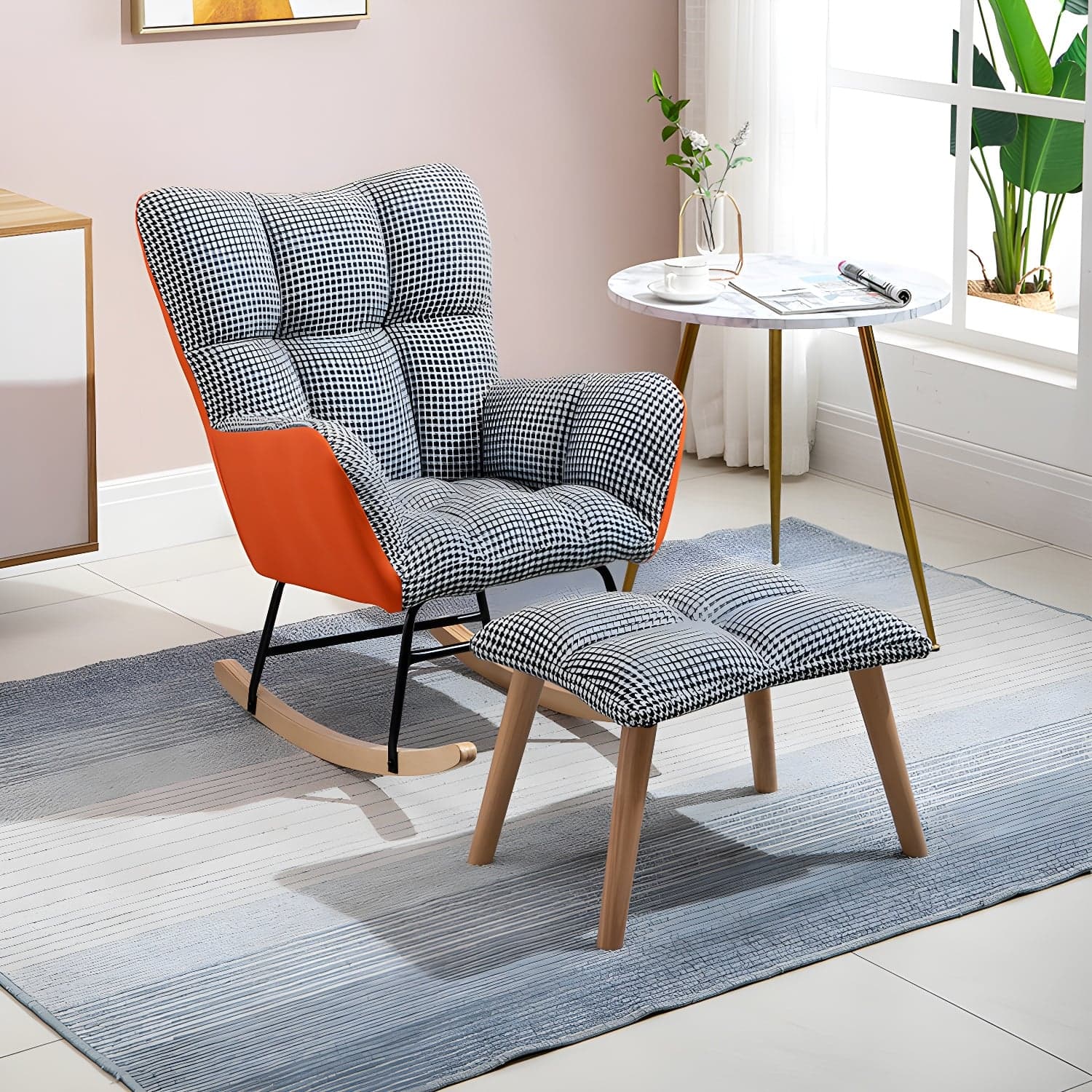 Fabric Rocking Chair Color Panel Contemporary Tufted Cushions Rocker Chair with Ottoman - image 9