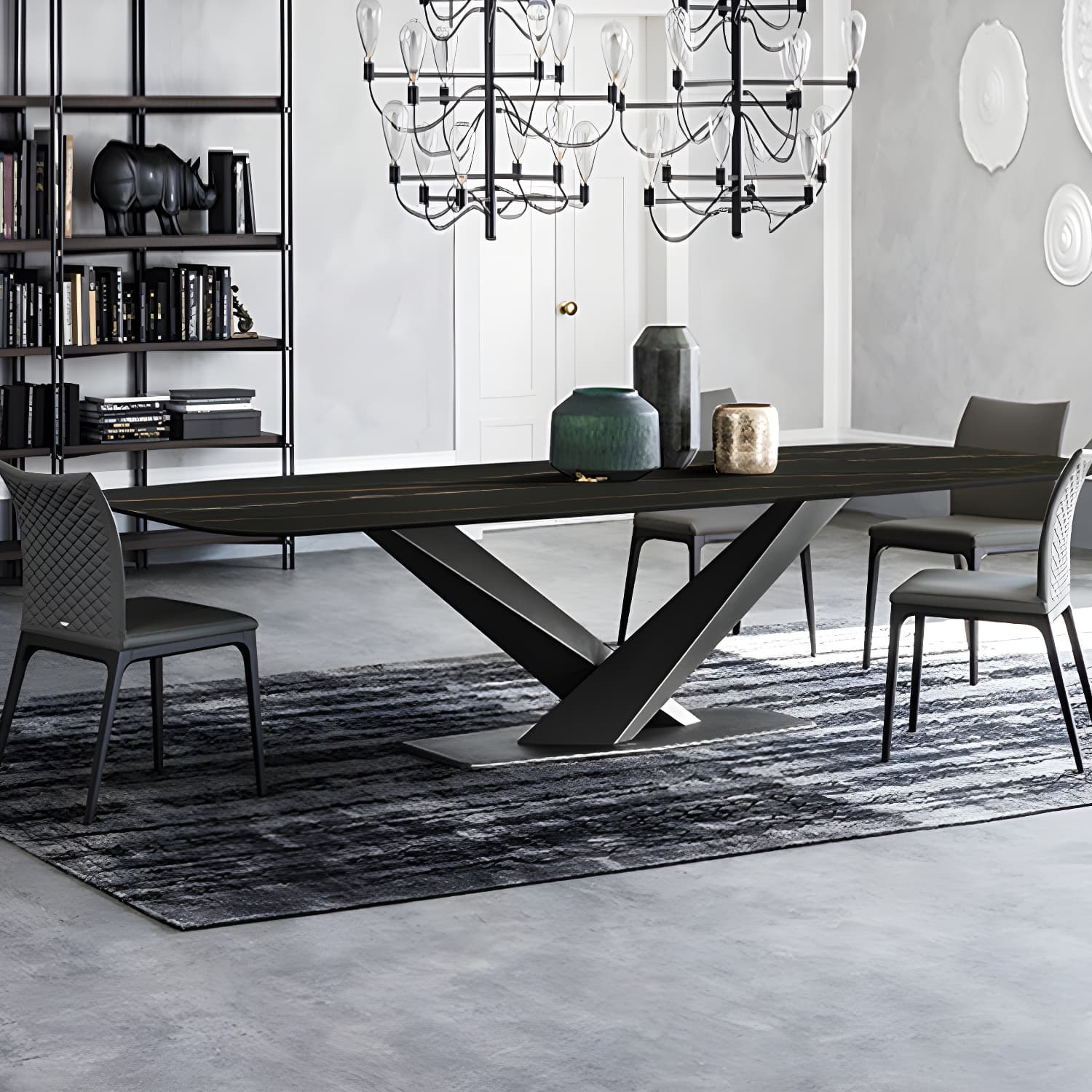 Sintered Stone Rectangle Dining Table Industrial Black Kitchen Table with Pedestal Base - image 3