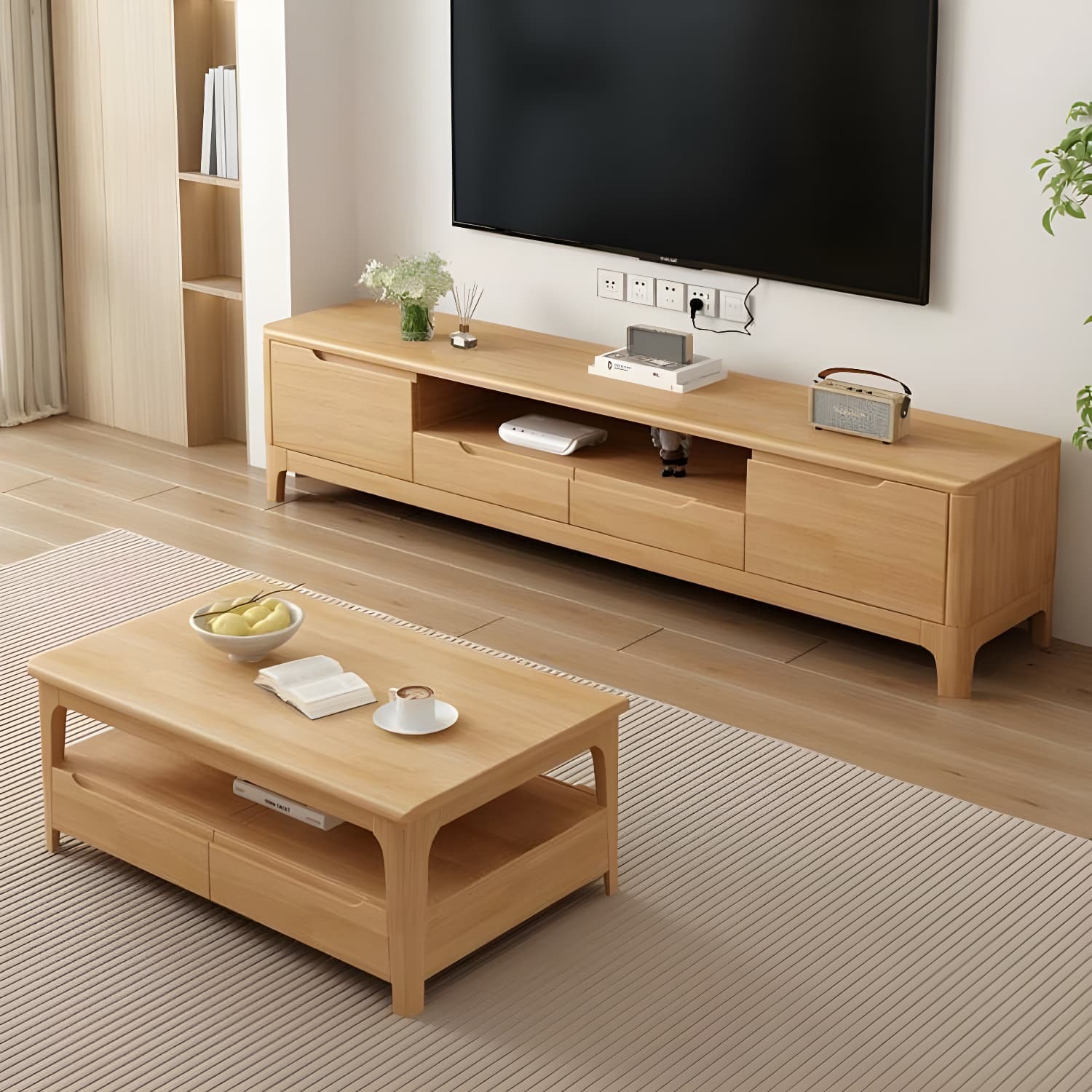Scandinavian Low Profile 40cm Wide Wood TV Stand with Two Drawers and Cabinet No Assembly Required - image 6