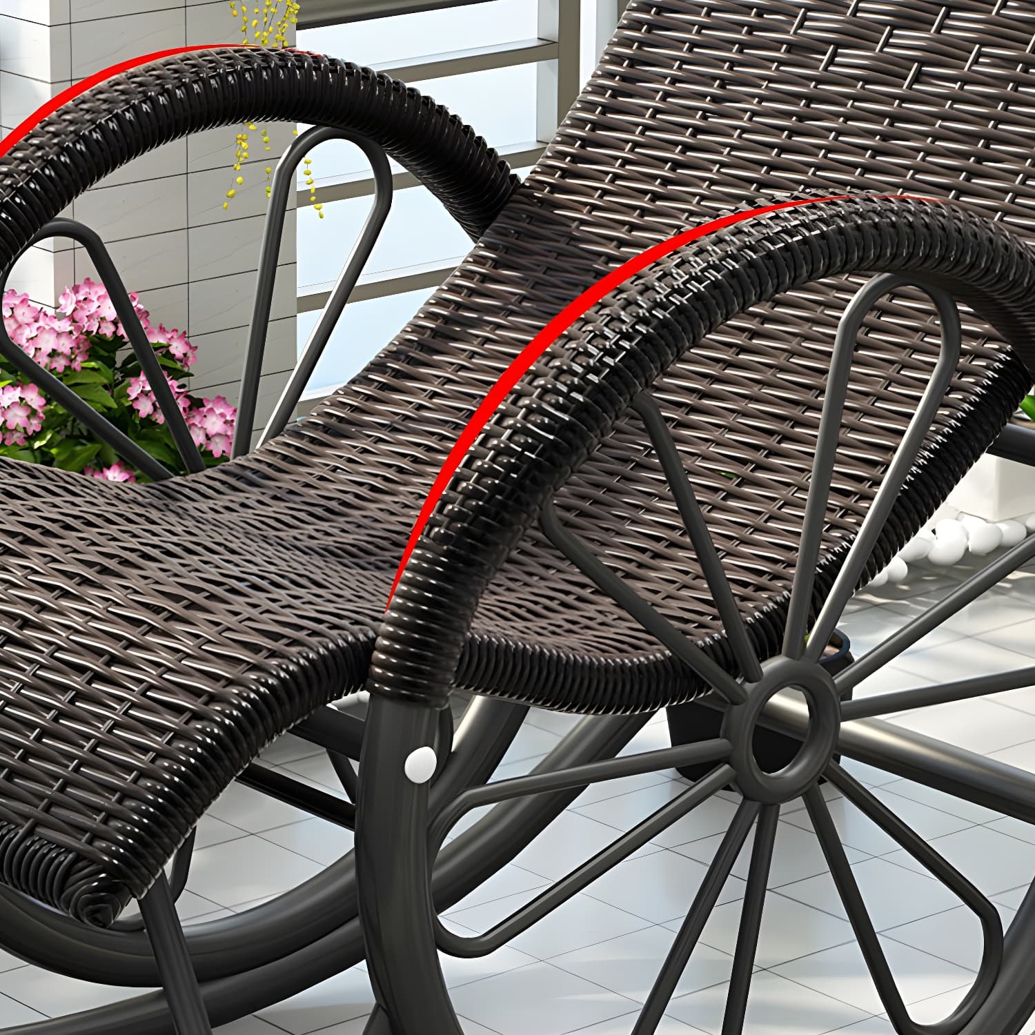 Modern Spindle Rattan Rocking Chair Metal Frame Wheel Handrail Design Rocker Chair - image 15