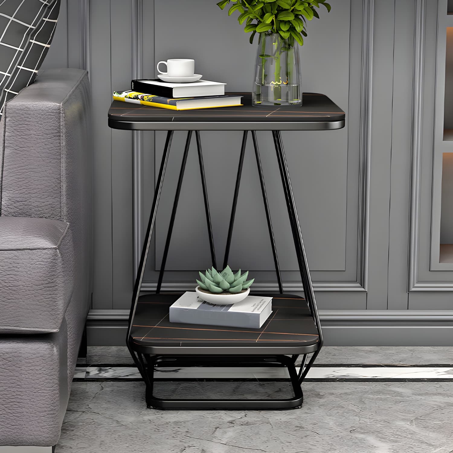 Glam Metal Night Table Stone Top 24'' Tall Open Storage Nightstand with Legs - image 10
