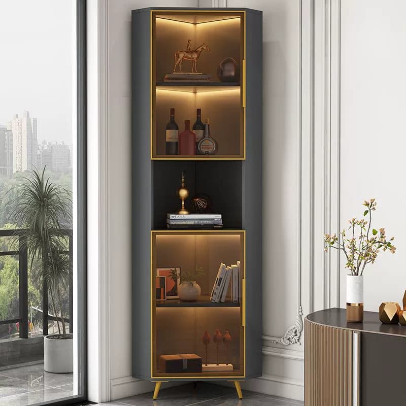 Contemporary Wood Corner Accent Cabinet with Clear Glass Doors, Metal Legs and Interior Shelves - image 10