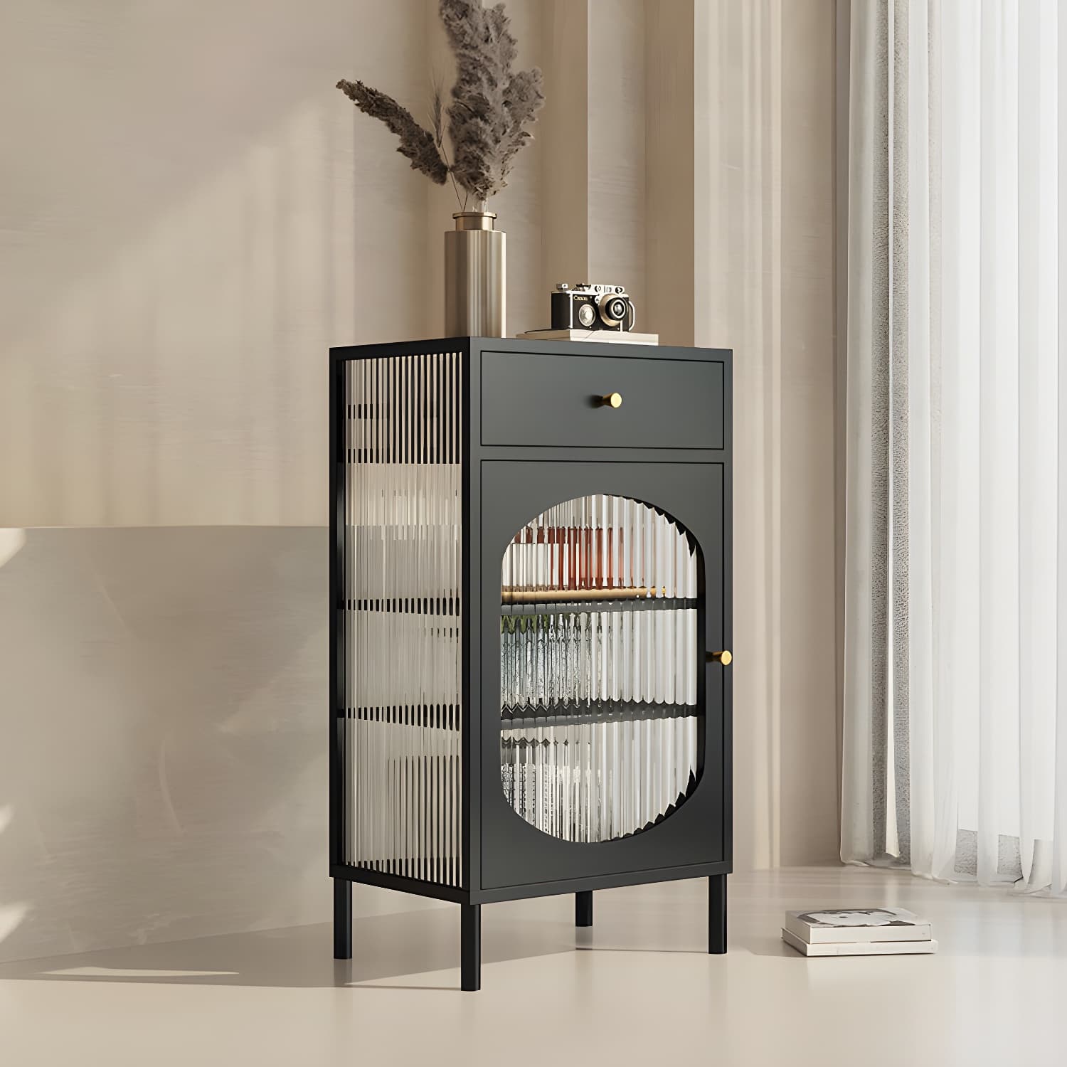 Modern Indoor Dining Server with Glass Doors Polished Finish Metal Sideboard - image 6