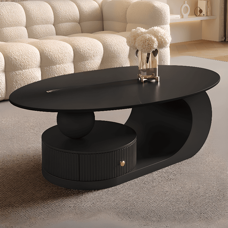 White/Midnight Black Scratch-proofed Oval Sintered Stone Board Game Coffee Table with Abstract Base and 1 Drawer for Living Room