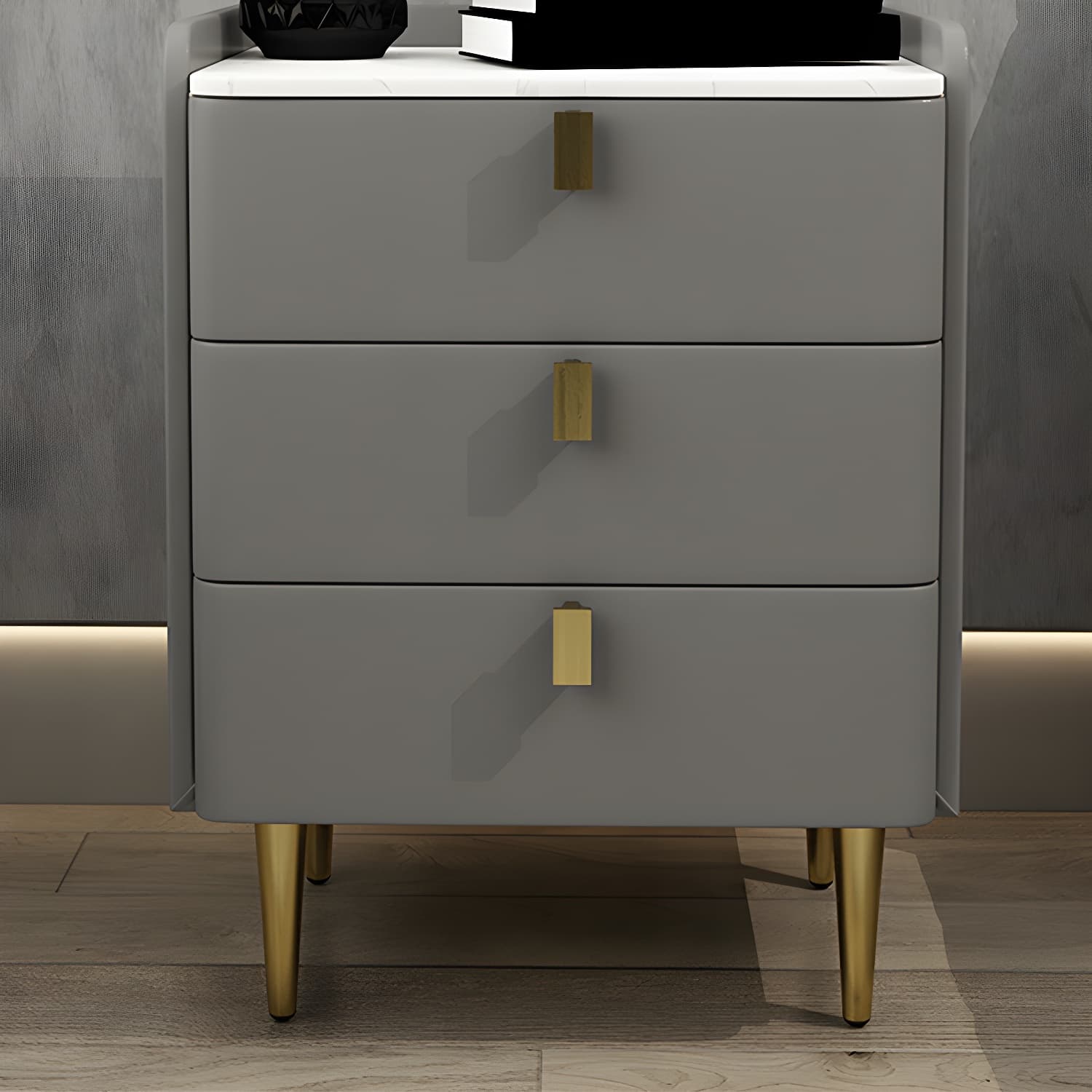 Faux Leather Nightstand Modern 3 - Drawer Nightstand with Stone Top - image 17