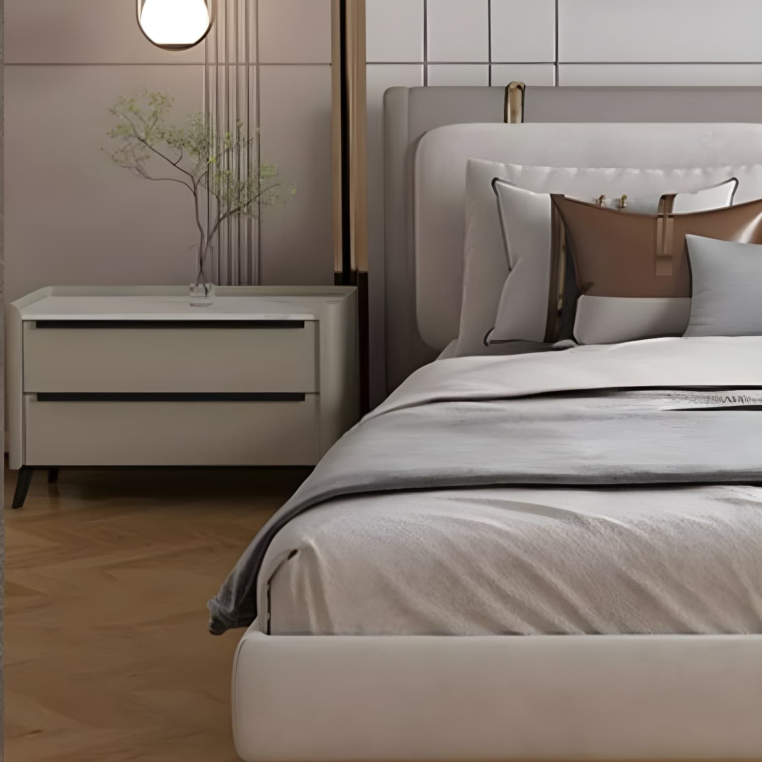 Modern Faux Leather Top Nightstand with Two Drawers and Stone Countertop - image 10