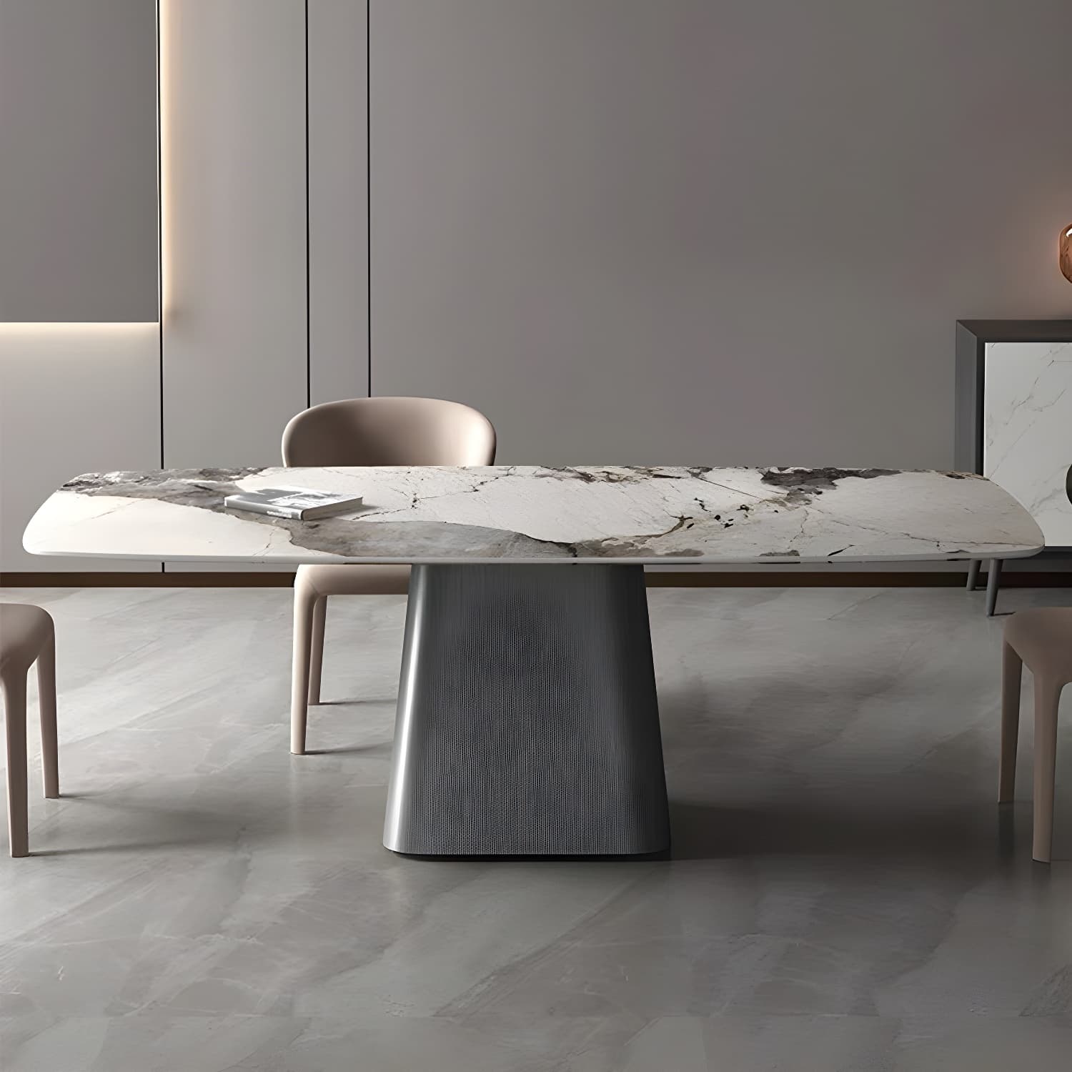 Rectangle White Stone Glam Dining Table with Steel Pedestal Base - image 9