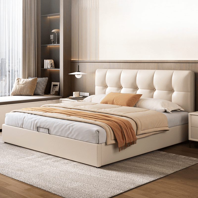 Cream Solid Color Stitch-tufted Storage Platform Bed/Storage Panel Bed with Sponge Filling Headboard Panel, 3 Storage Boxes Included/Not Included