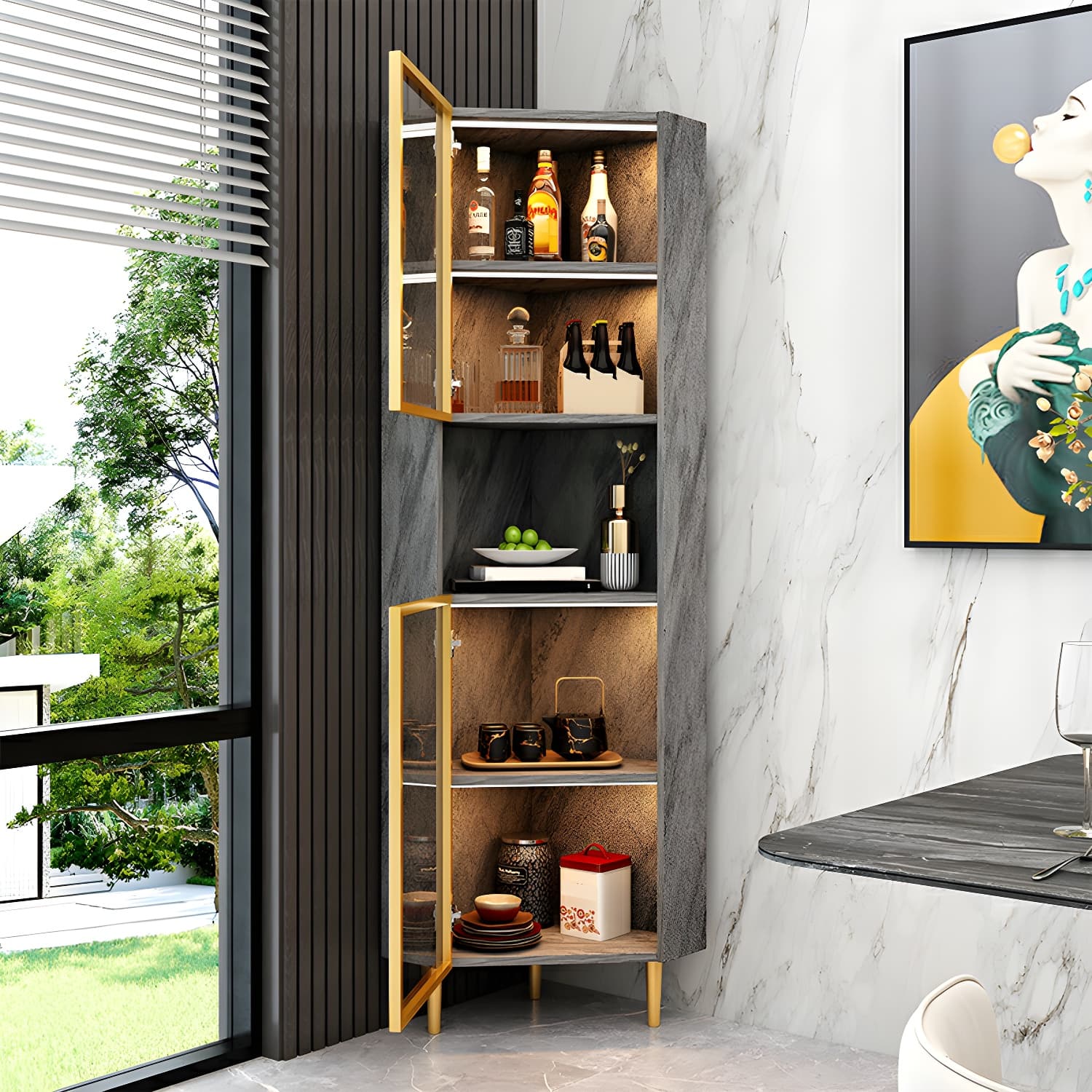 Glam Golden Corner Cabinet with Glass Doors and Exterior Shelving - image 5