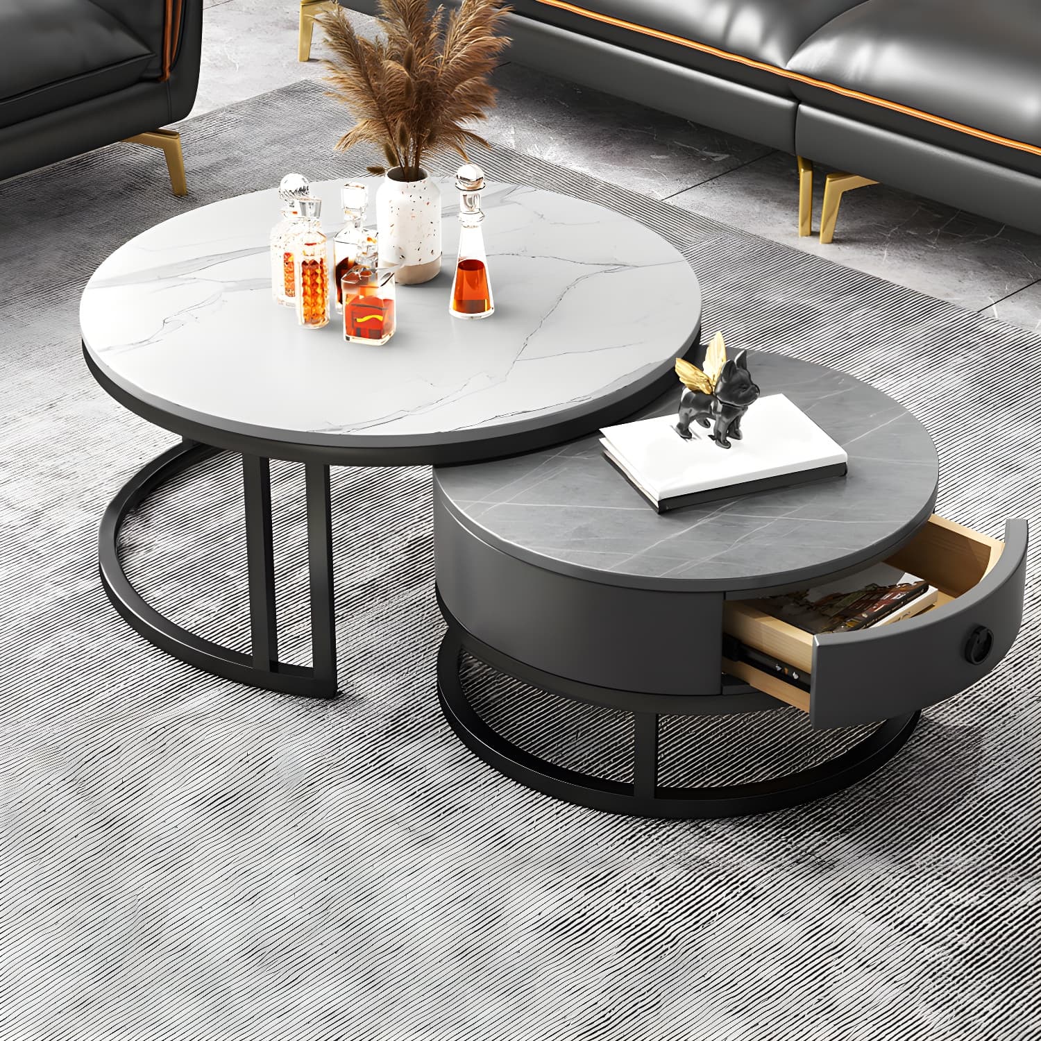 Modern Nesting Coffee Table Set Frame Round Coffee Table Set with Drawer - image 7