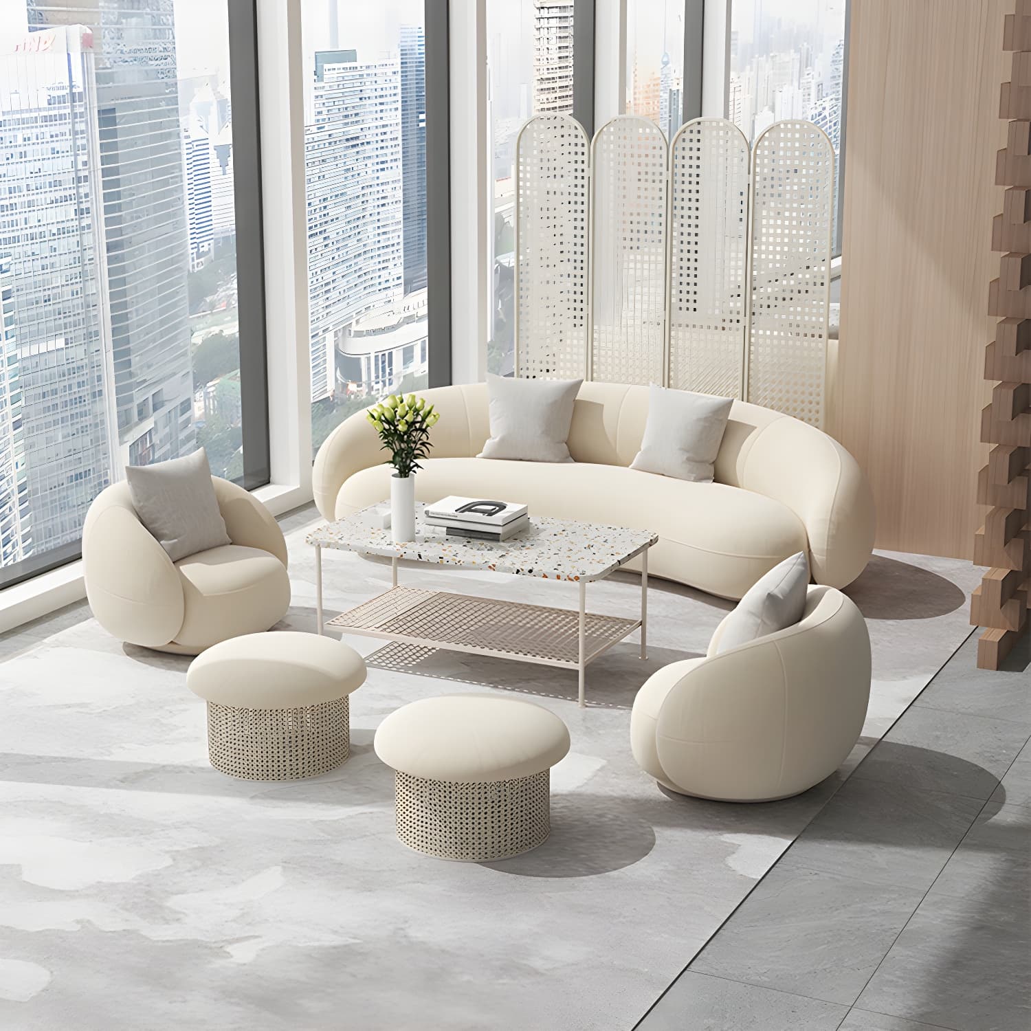Beige Scandinavian Curved Sofa Tight Back Couch with Tuxedo Arm - image 12