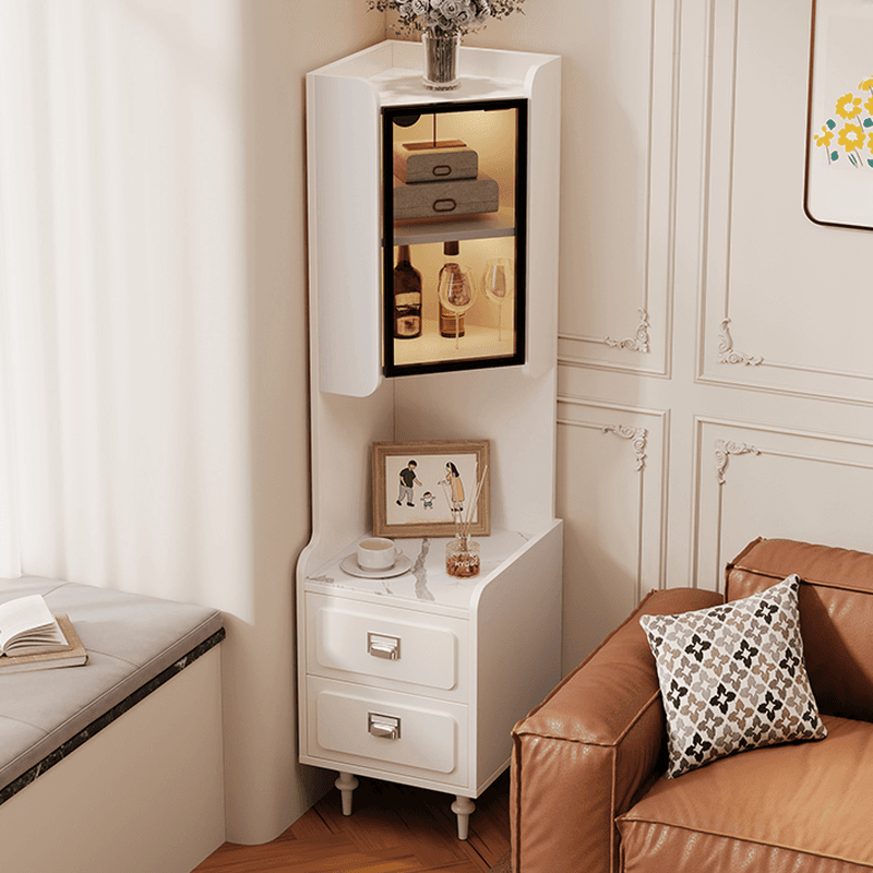 Scratch-immune Accent Cabinet with 2 Exterior Shelves, Sintered Stone Countertop, Glazed Door, Stain Resistant, and LED Lighting