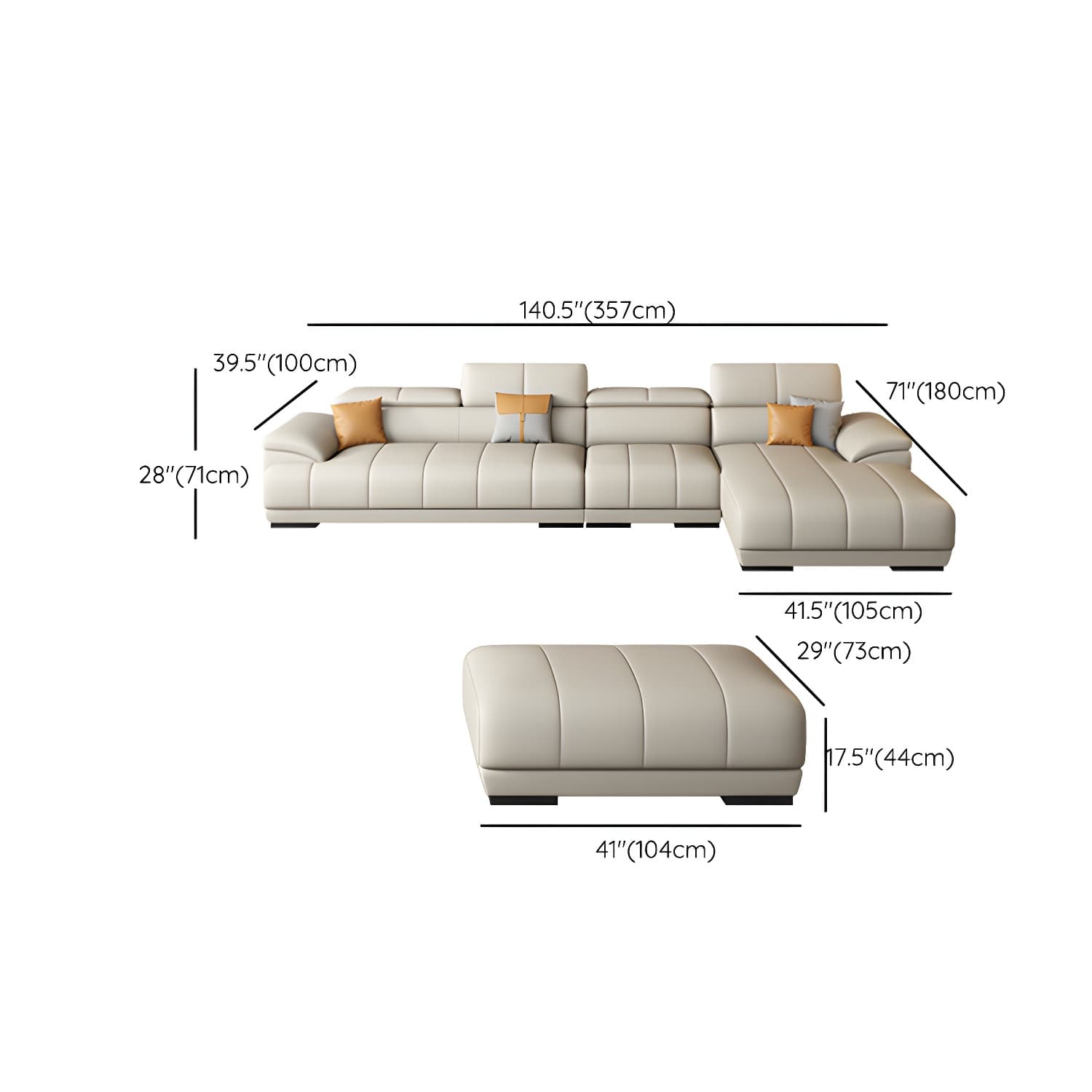 Elegant Beige Scandinavian Leather Sectional with Adjustable Headrests - image 21