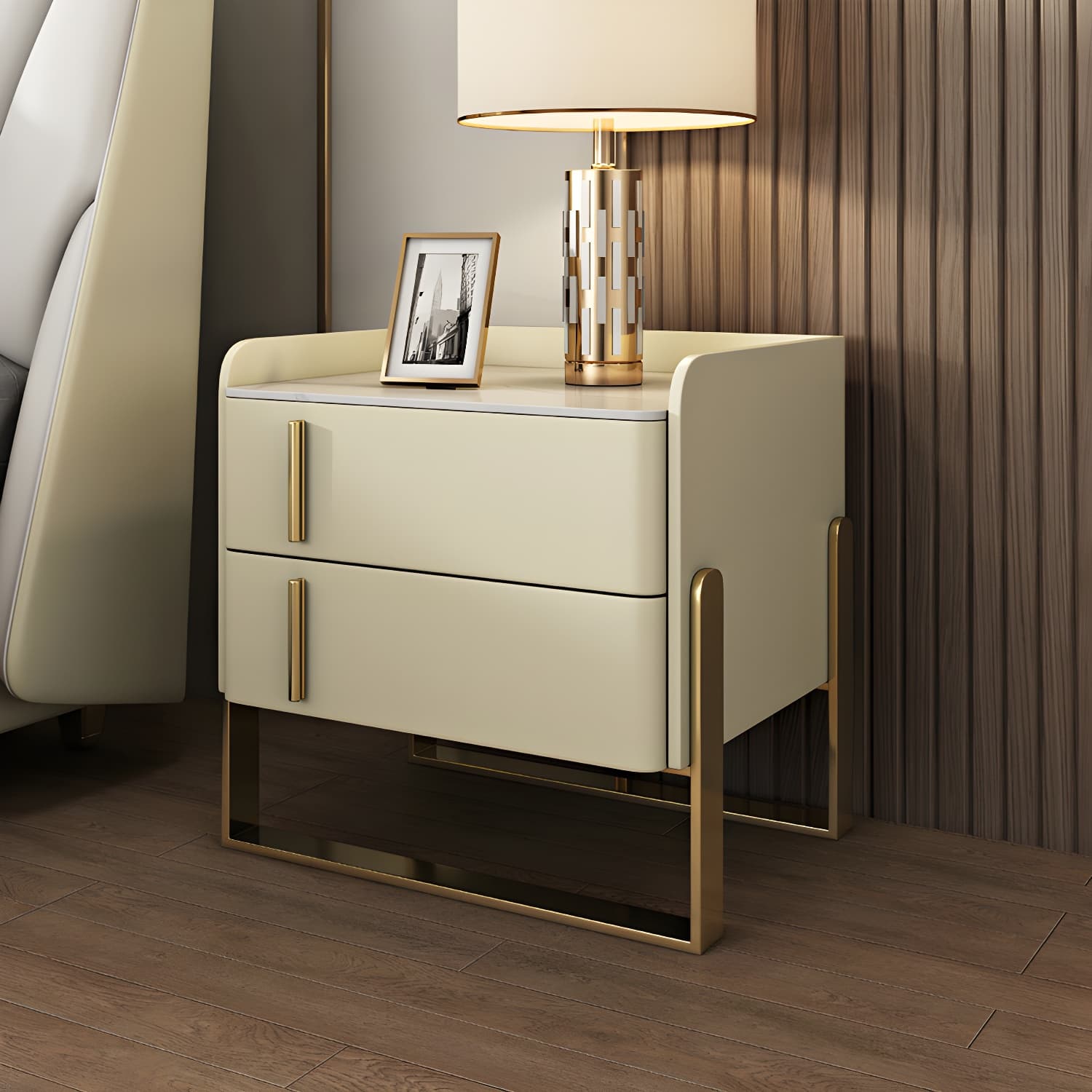 Glam Nightstand with 2 Drawer 20-inch Tall Leather Night Table