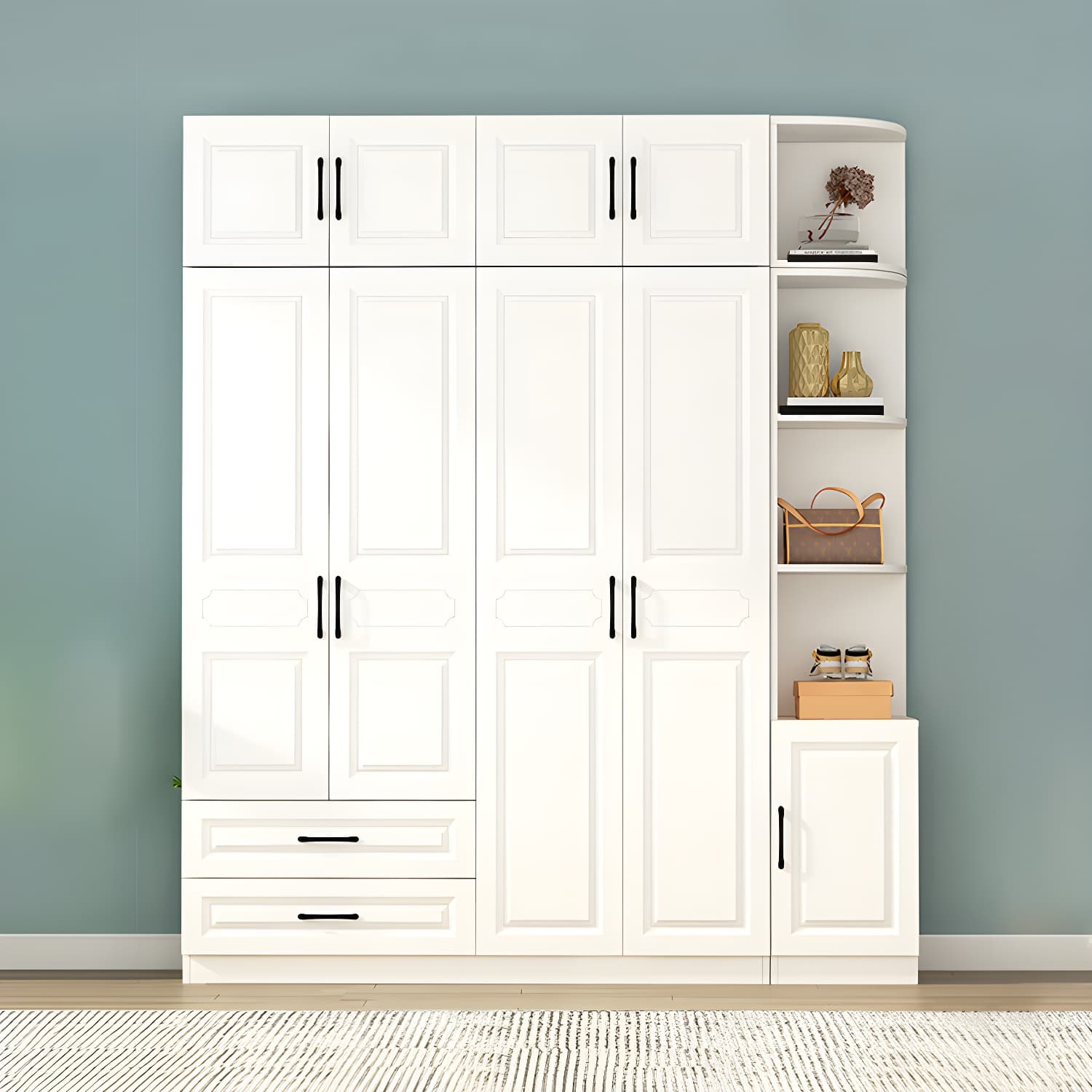 White Modern Wood Wardrobe Armoire with Clothing Rod and Shelves