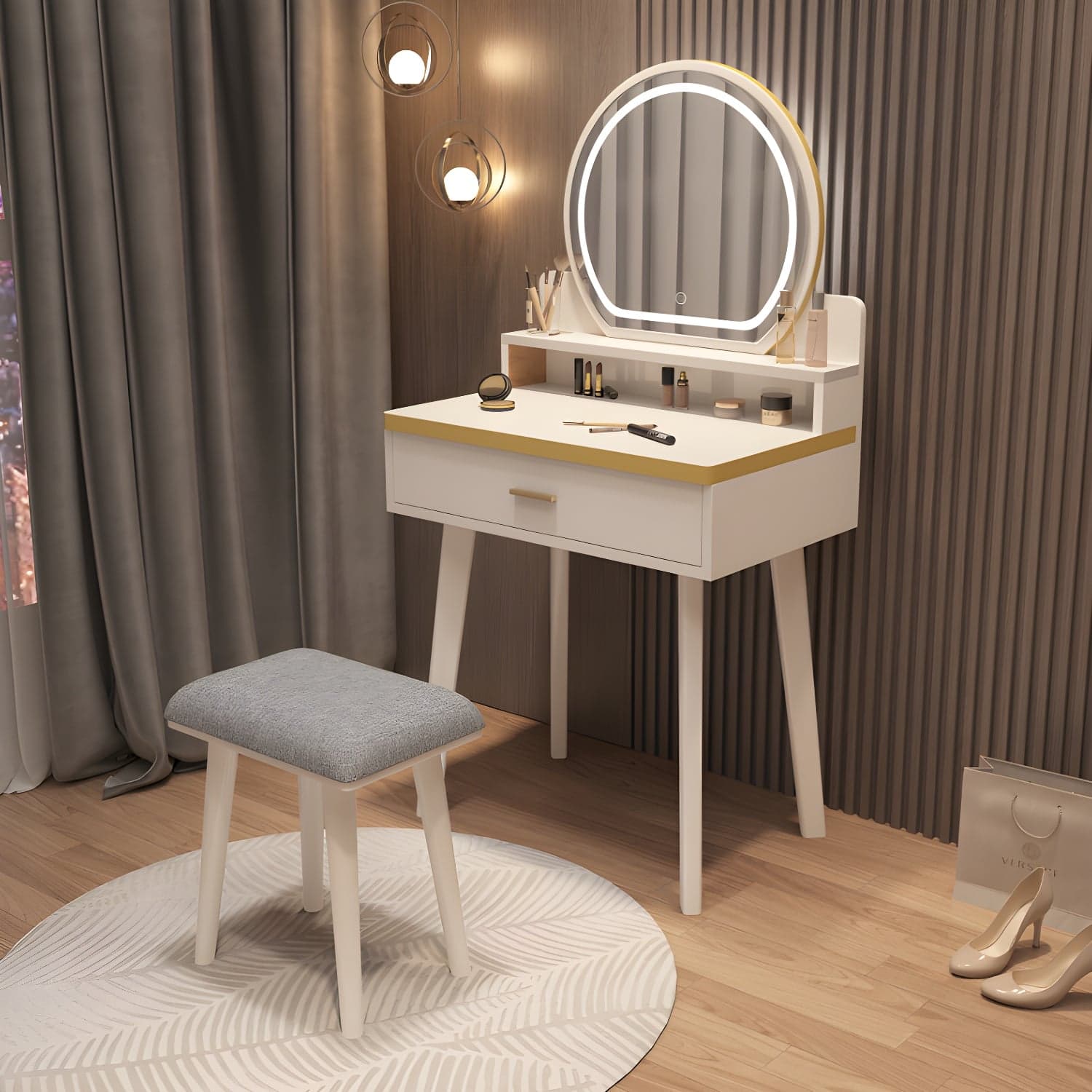 Traditional Bedroom With Drawer Solid Wood Lighted Mirror Make-up Vanity - image 3