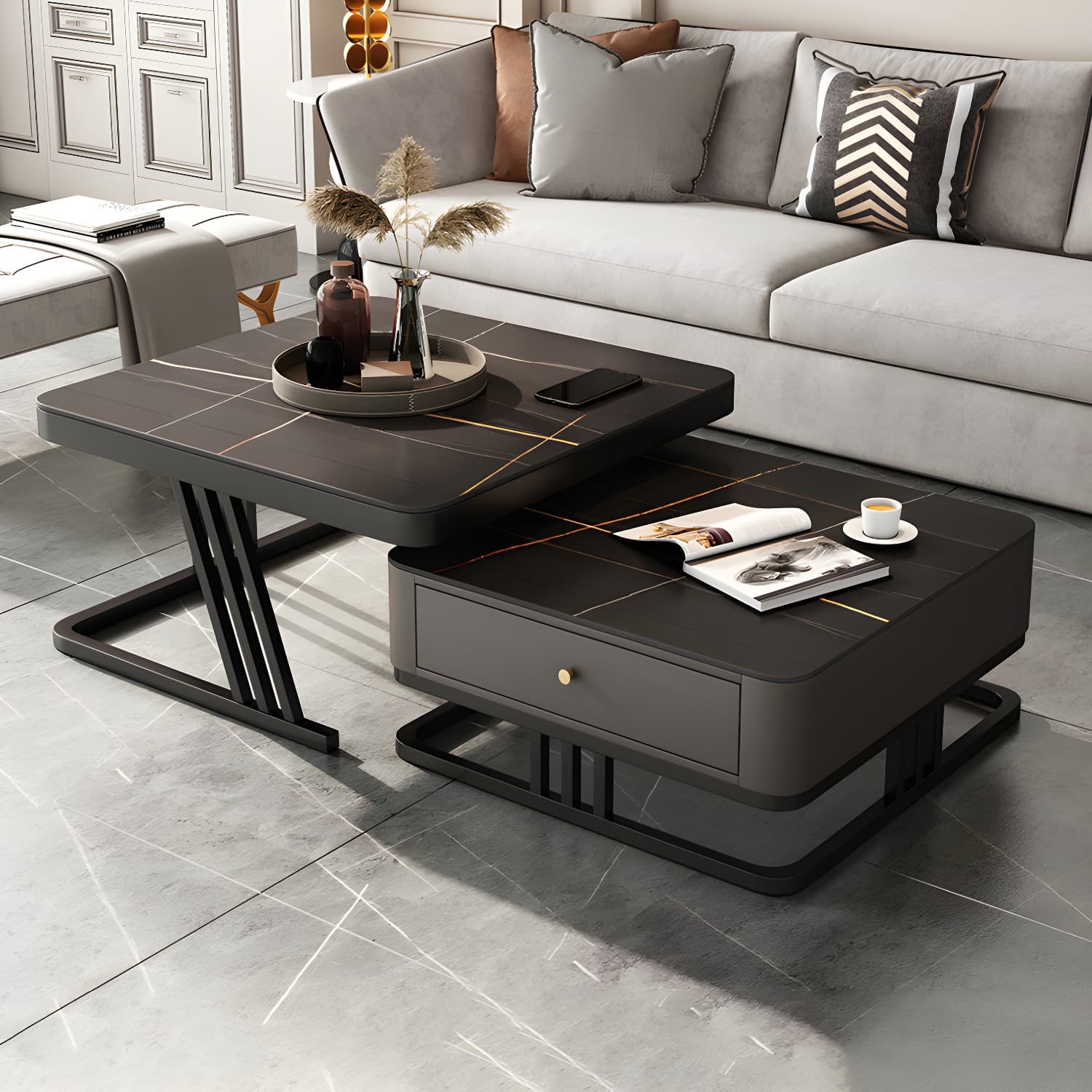 Modern Round Glass / Slate Cocktail Table Steel Frame Coffee Table with Drawer