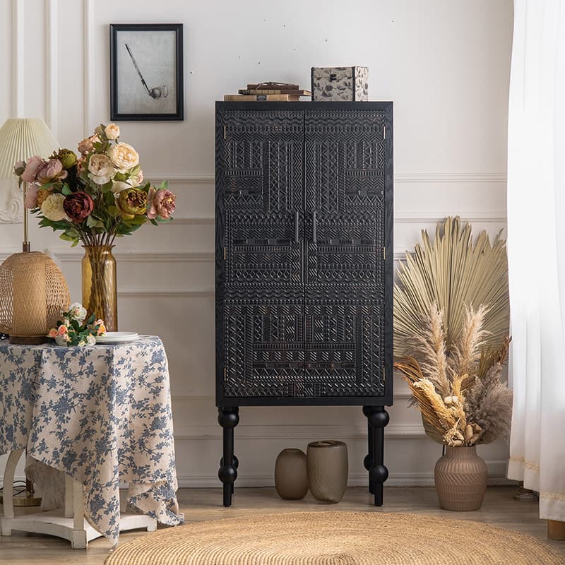 Modern Black Wood Console Cabinet with Cubby Storage and Wood Scoring & Rub Through Detailings