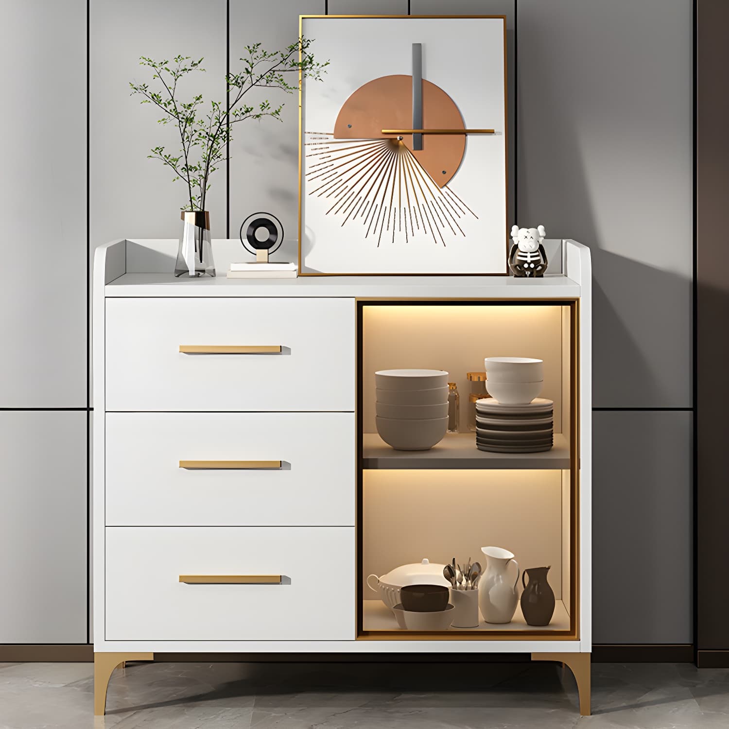 Glamorous Wood Buffet Sideboard with Glass Doors and Open Storage - image 4