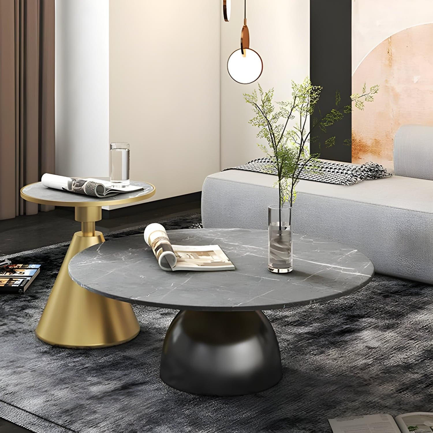 Round Stone Glam Coffee Table with Pedestal Iron Base and Built-in Storage - image 4