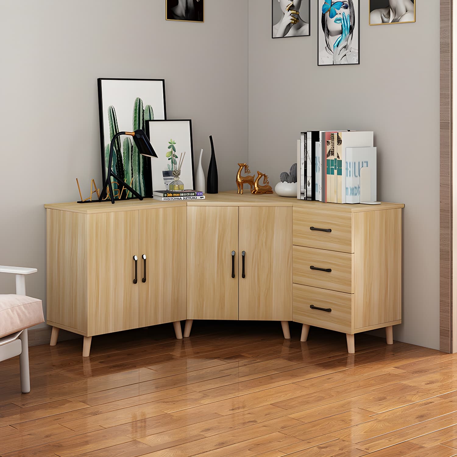 Bar Pulls Contemporary Manufactured Wood with Shelves Corner Accent Cabinet - image 3
