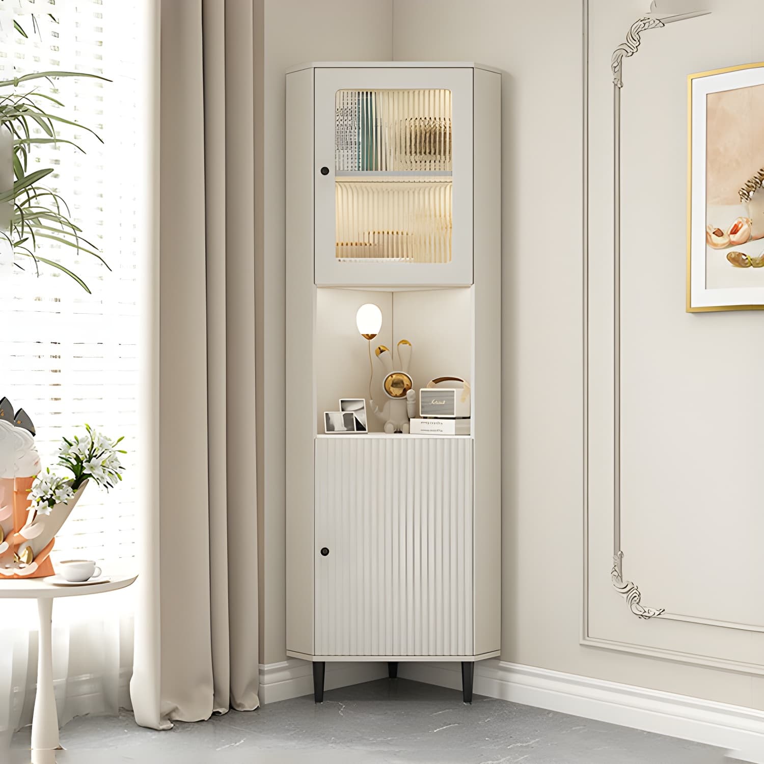 White Corner Modern Accent Cabinet with Stone Countertop, Glass Doors, and Cabinet Included