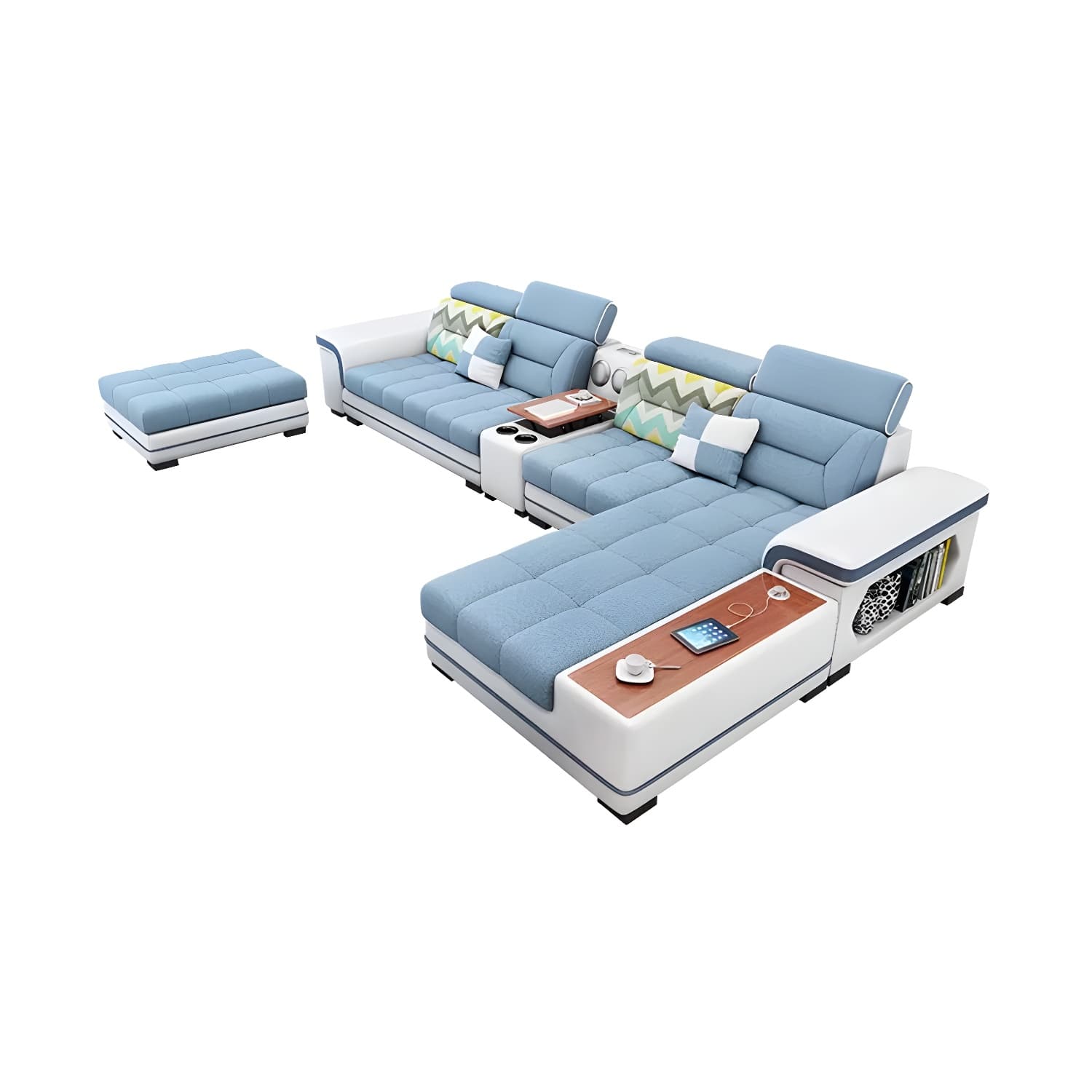 Scandinavian Blue Sectional Sofa with Wood Frame, Cushion Back, and Storage Included with Shelves - image 14
