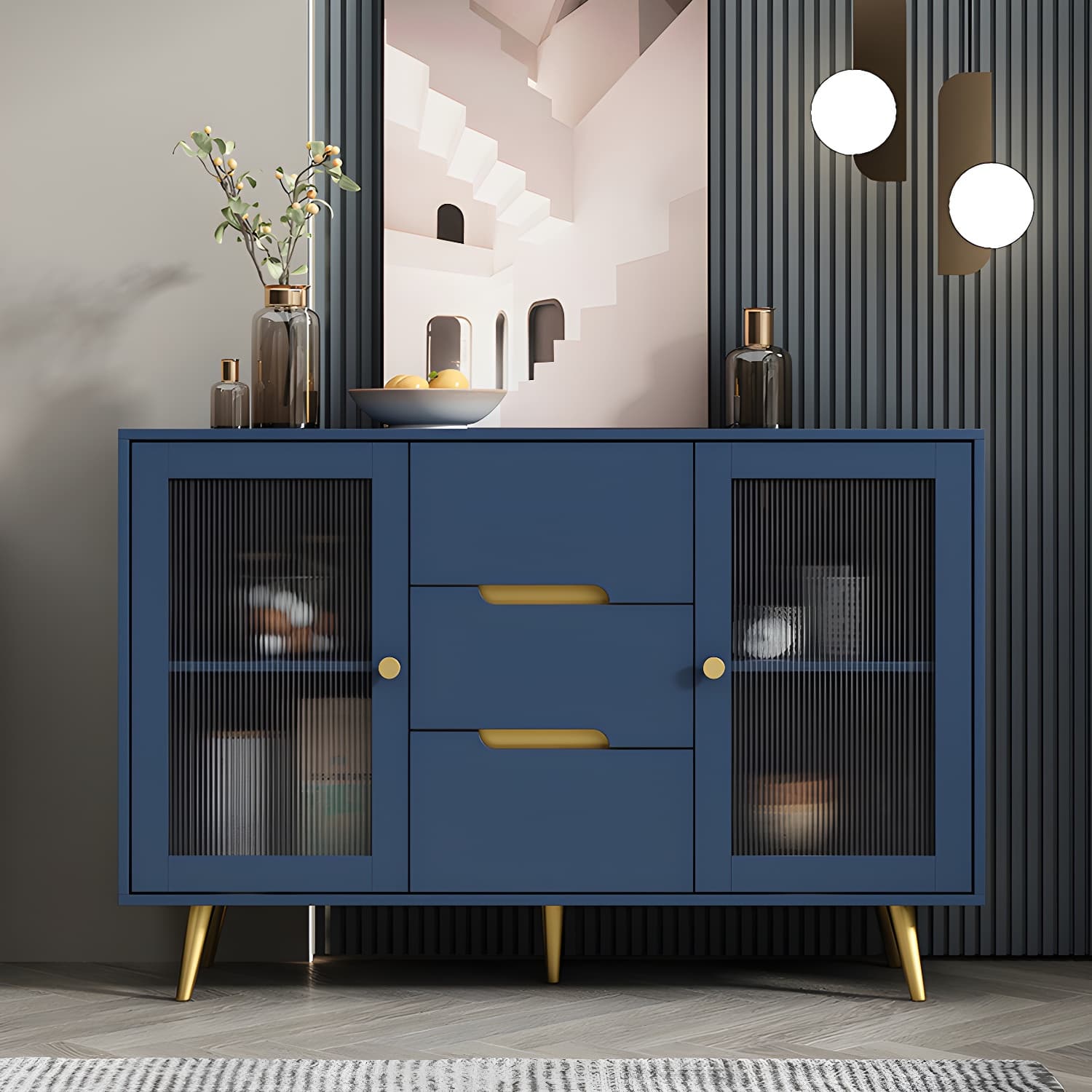 3-Drawer Engineered Wood Sideboard Modern Glass Doors Cabinets Credenza for Living Room - image 9