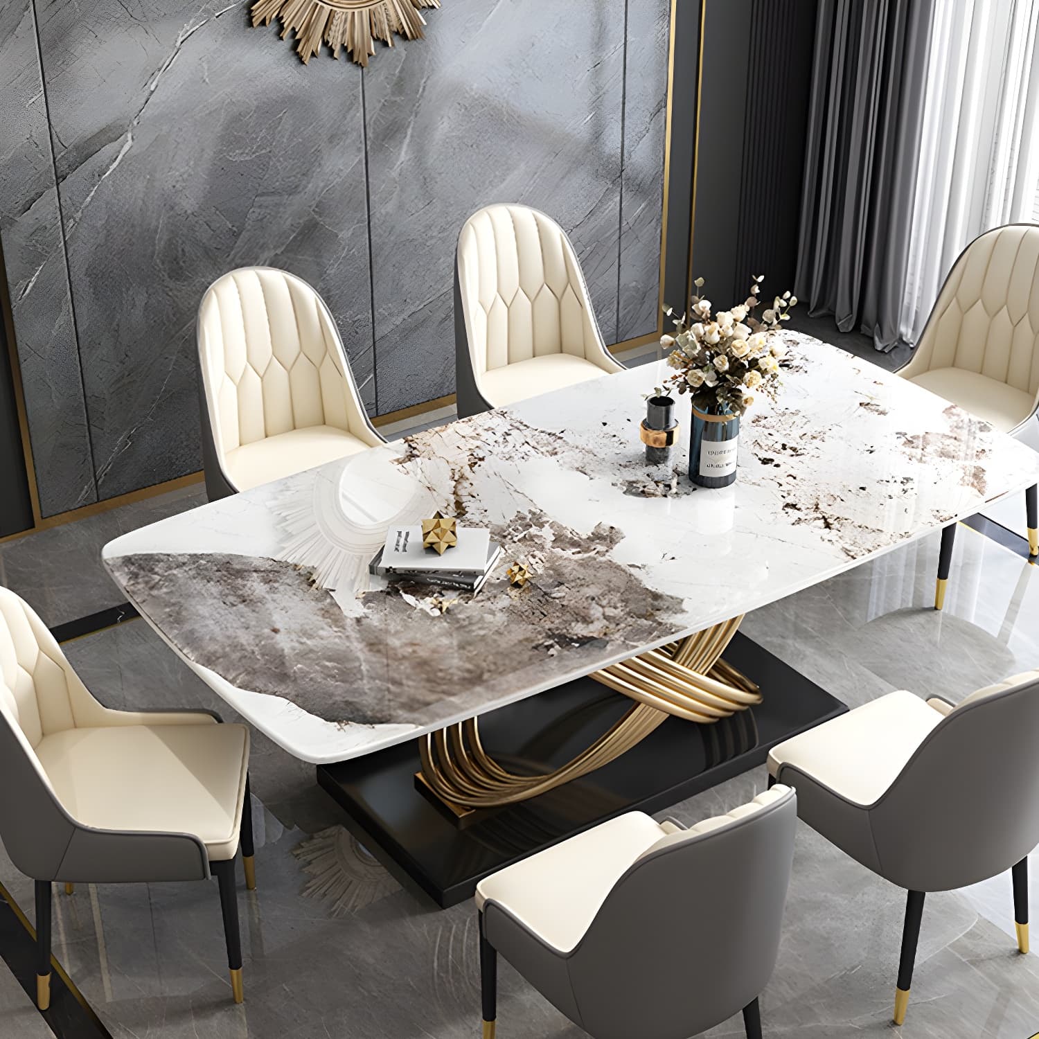 Nordic Glam Rectangle Sintered Stone Table Set 1/4/5/7 Pieces Dining Set - image 9