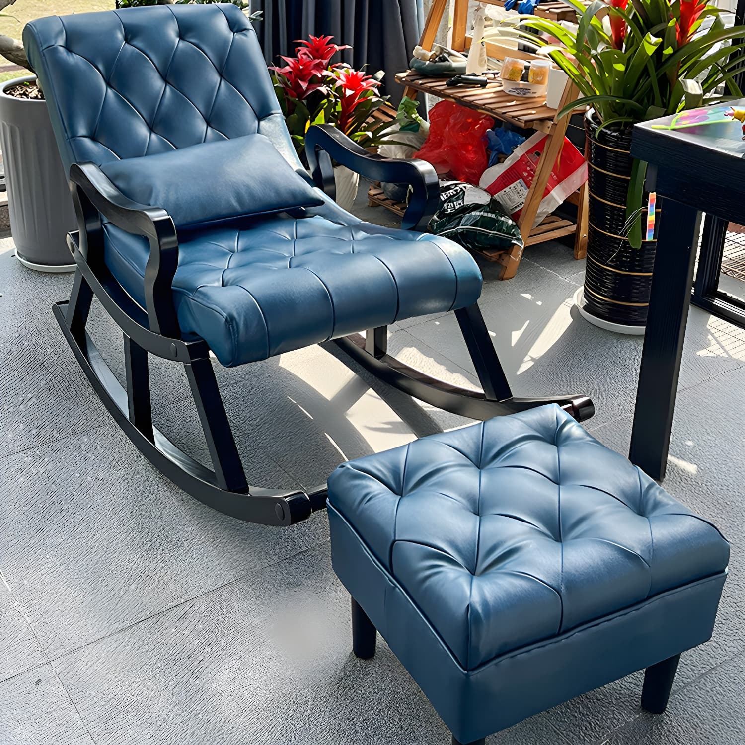 49" Wide Tufted Cushions Solid Wood Leather Rocking Accent Chair - image 11