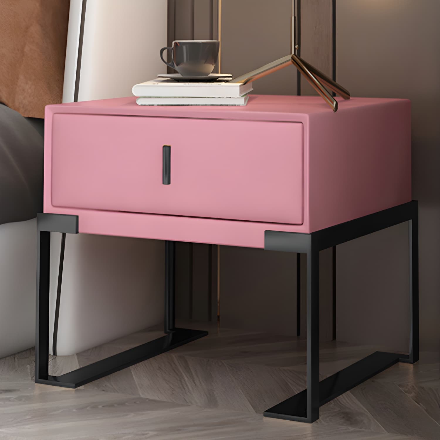 Leather 1 Drawer Nightstand Contemporary Night Table with Metal Legs - image 10