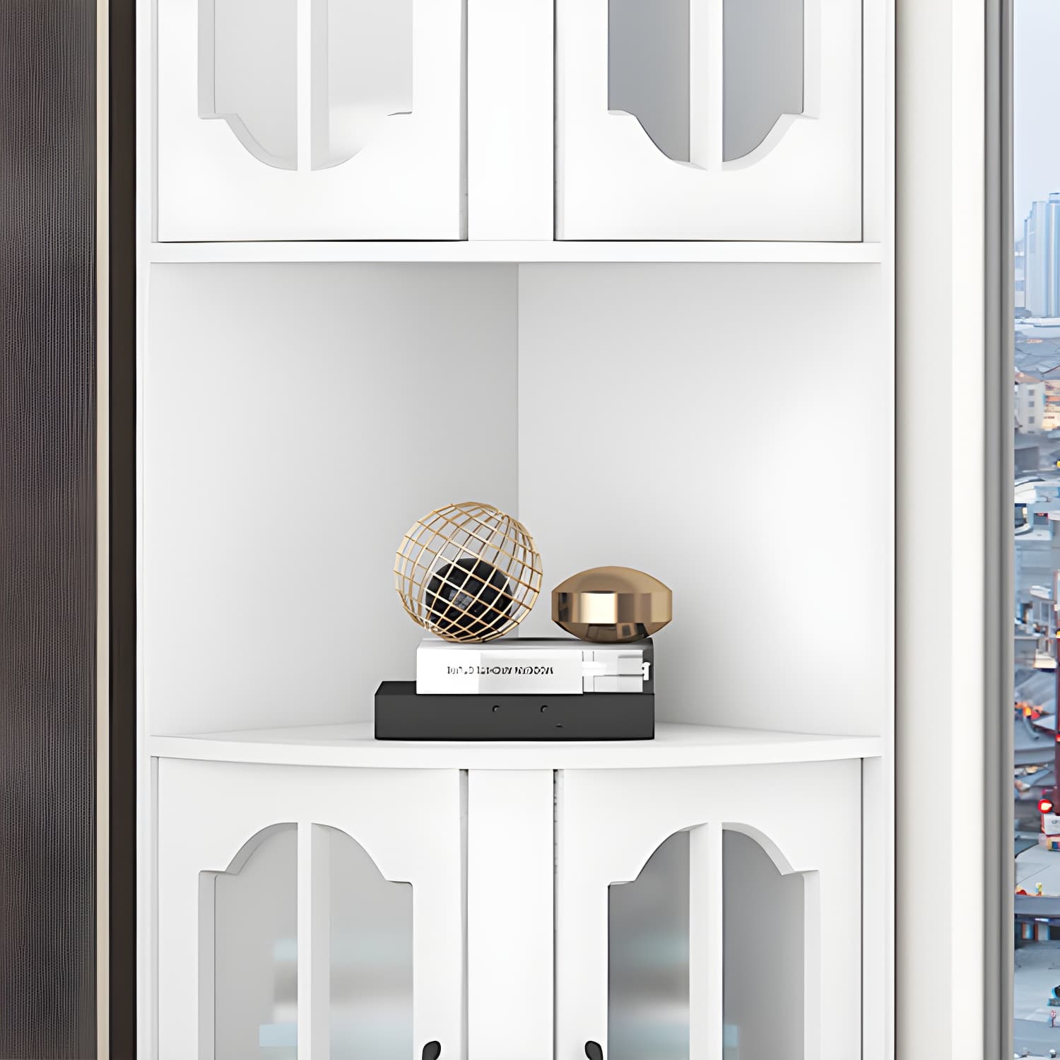 Corner Modern Glass Door Accent Cabinet with Wood Base and 2 Exterior Shelves - image 7