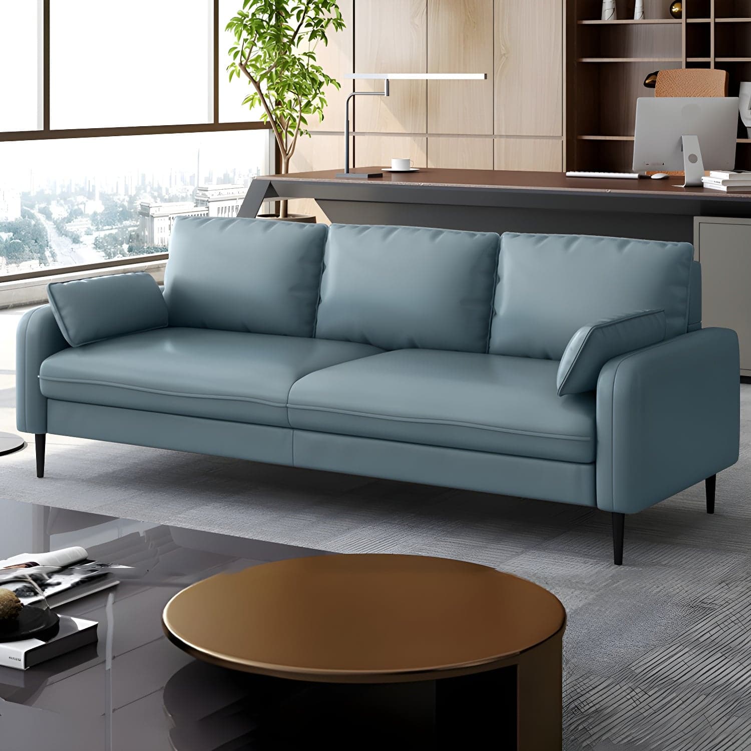 3-Seater Faux Leather Sofa Mid Century Loose Back Square Arm Settee - image 9