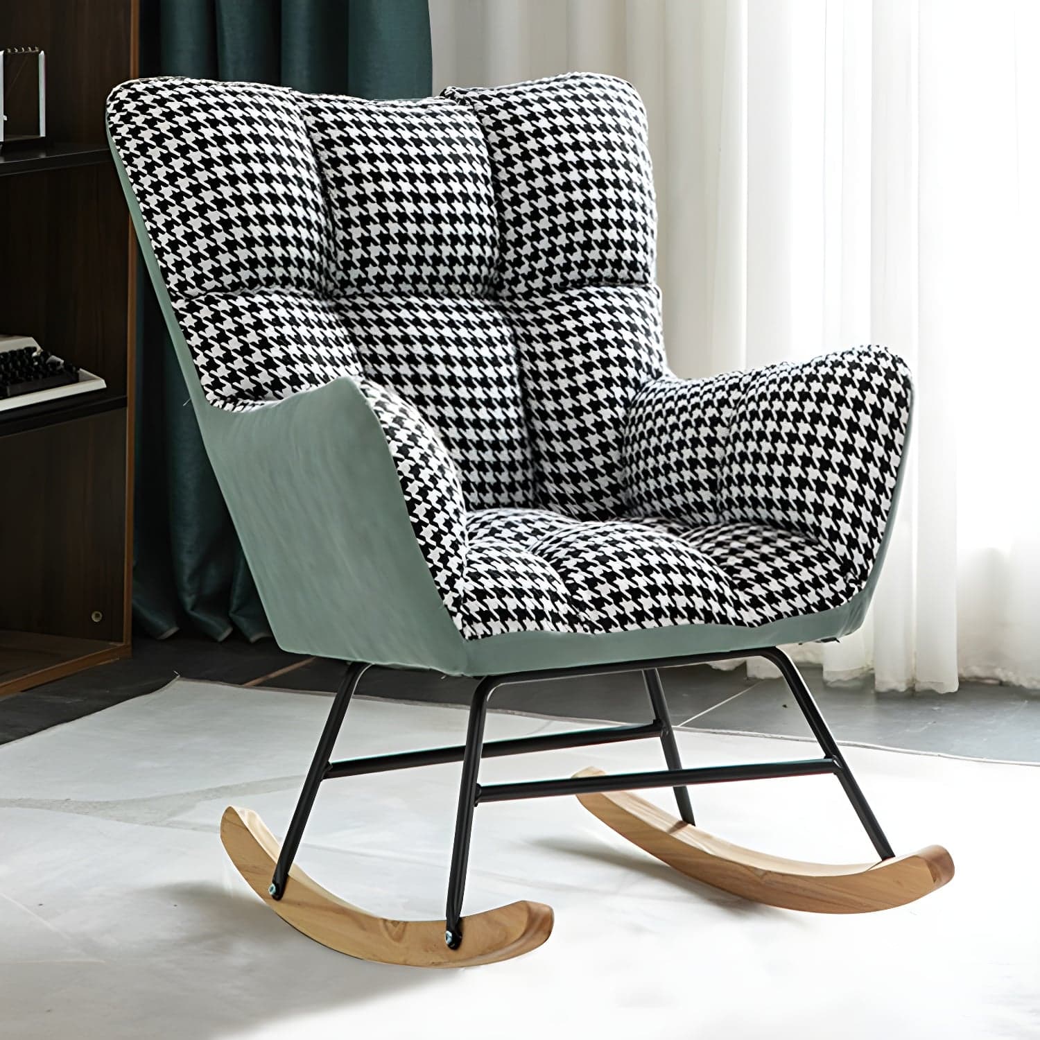 Modern Rocker Chair Upholstered Dark Legs Glider Button-Tufted - image 5