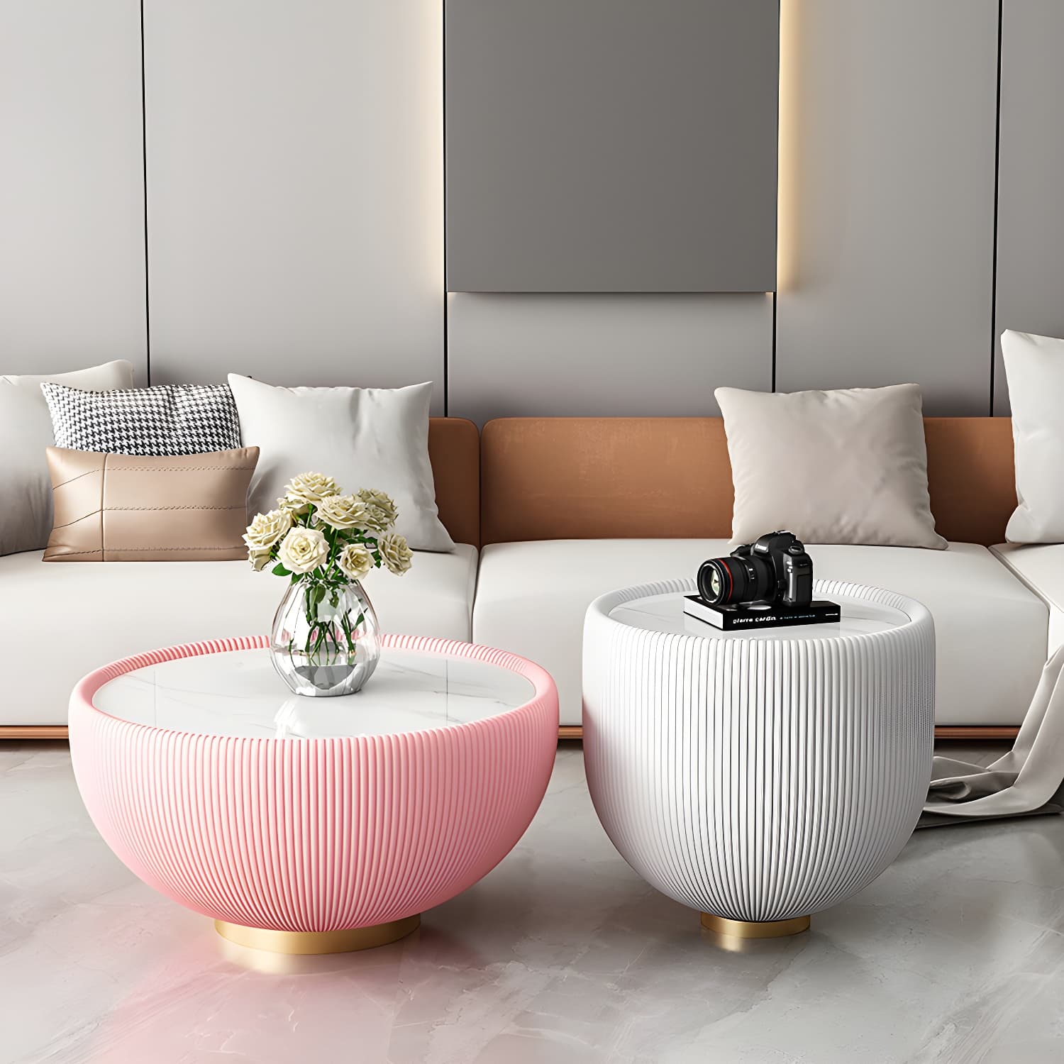 Square Block Base Cocktail Table Rock Plate Desktop Round Coffee Table with Metal Base - image 13