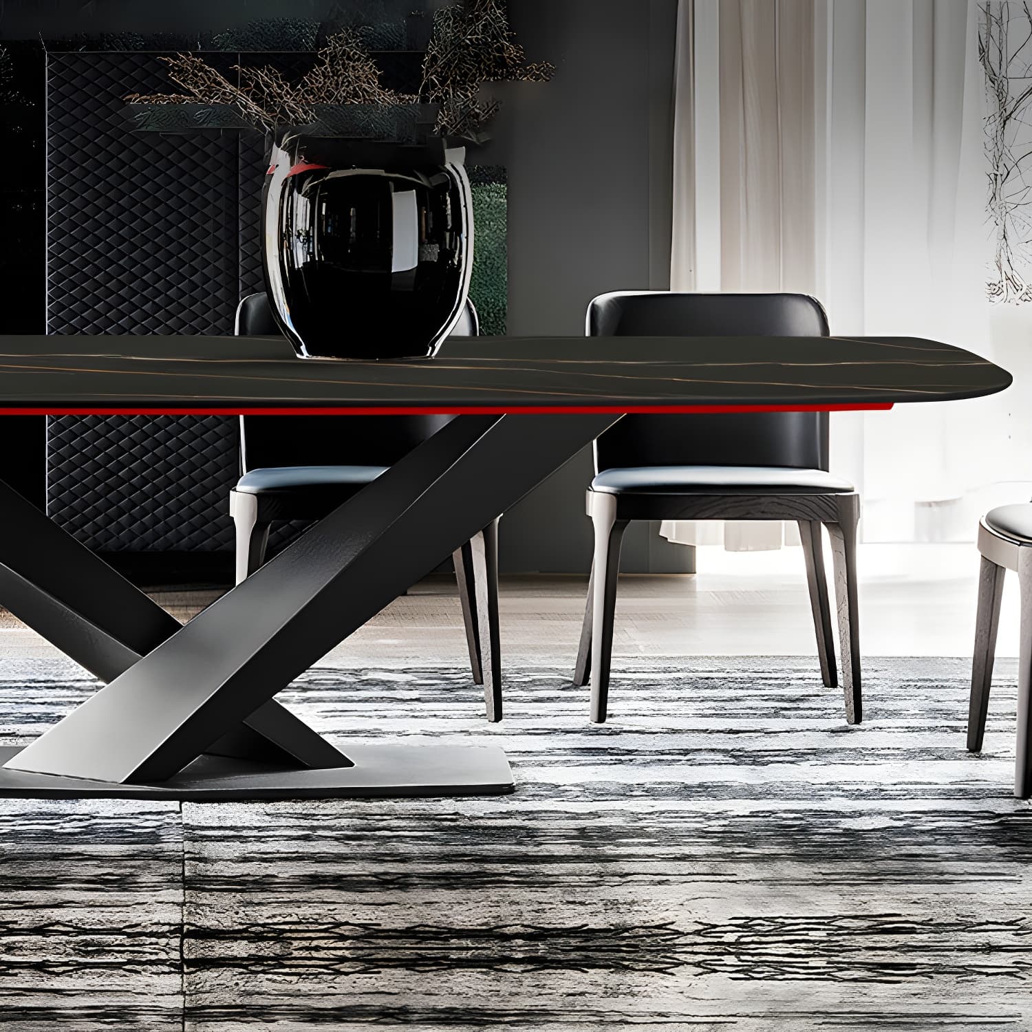 Sintered Stone Rectangle Dining Table Industrial Black Kitchen Table with Pedestal Base - image 8