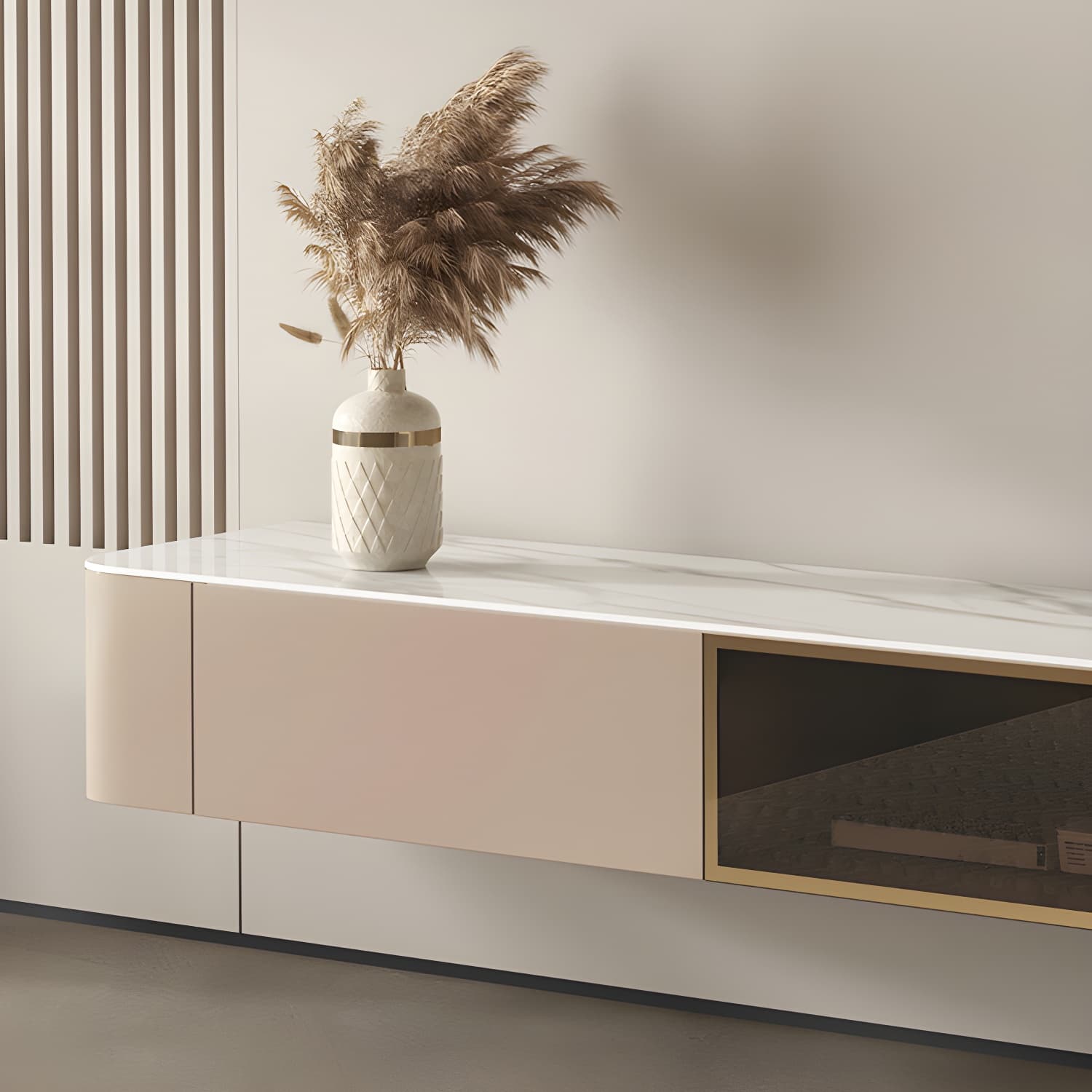 Brown Modern TV Stand with Floating Mount Design, Drawers, and Cable Management - image 6